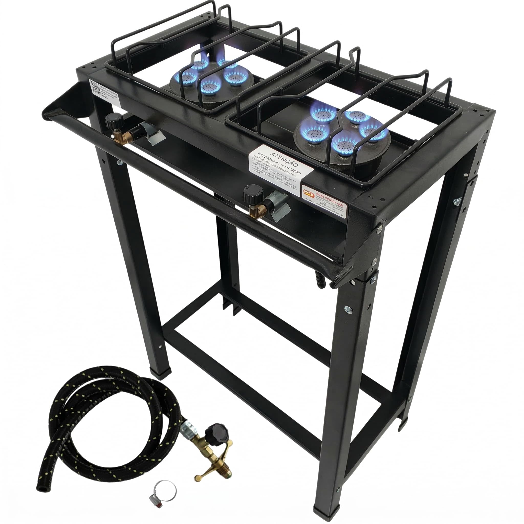 Fogão Industrial 2 Bocas Alta Pressão + Kit Gás P13 Completo - 5 Caulins por Boca| Chamas Ultra Fortes e Limpeza Fácil, Grelhas 30x30 Reforçadas, Aço Carbono, Ideal para Delivery, Bares e Food Trucks