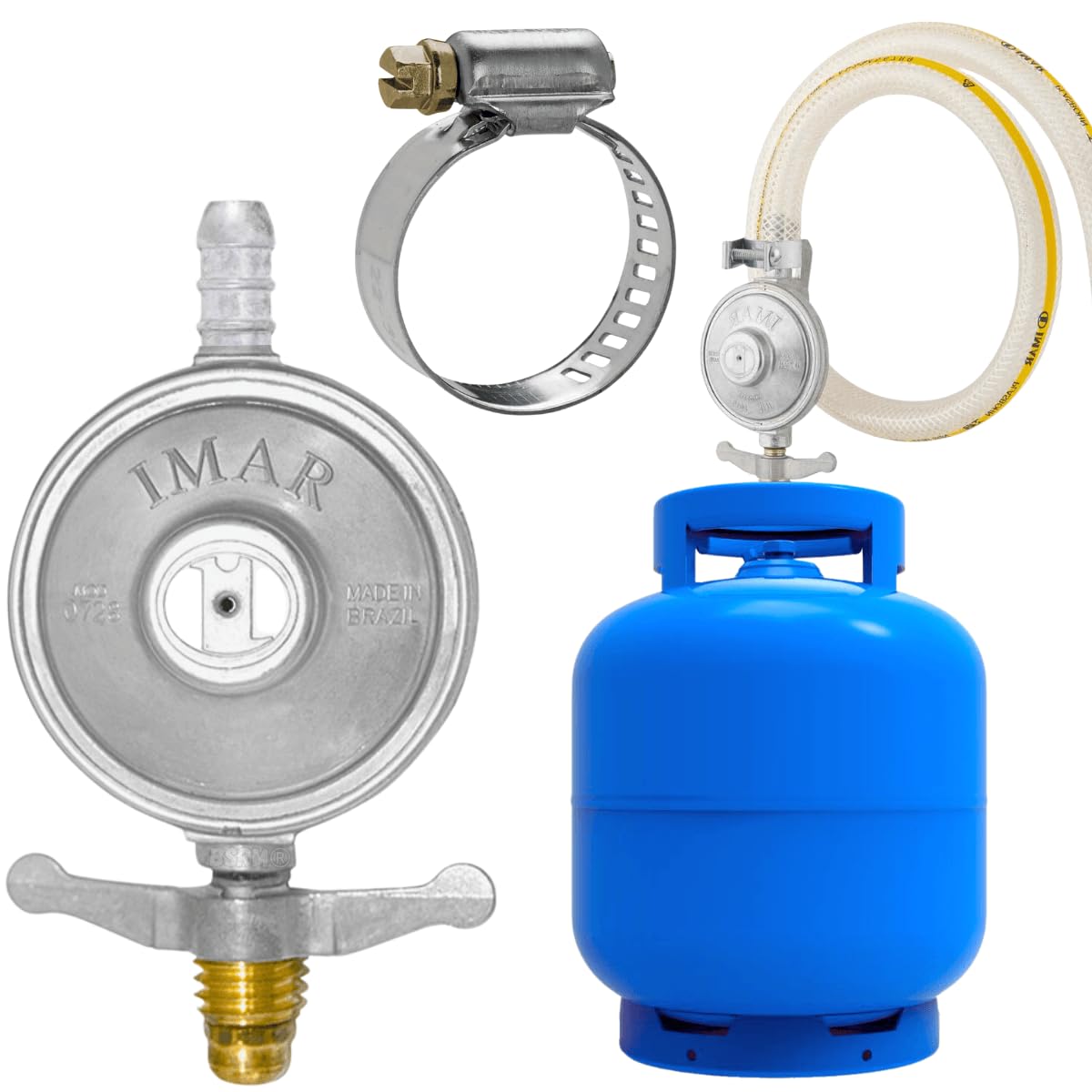 Artesanato Kit Registro de gas valvula regulador GLP Imar uso doméstico para cozinha fogão compativel botijão P5 P13 P20 + 1 metro e 20 cm de mangueira + 2 abraçadeiras