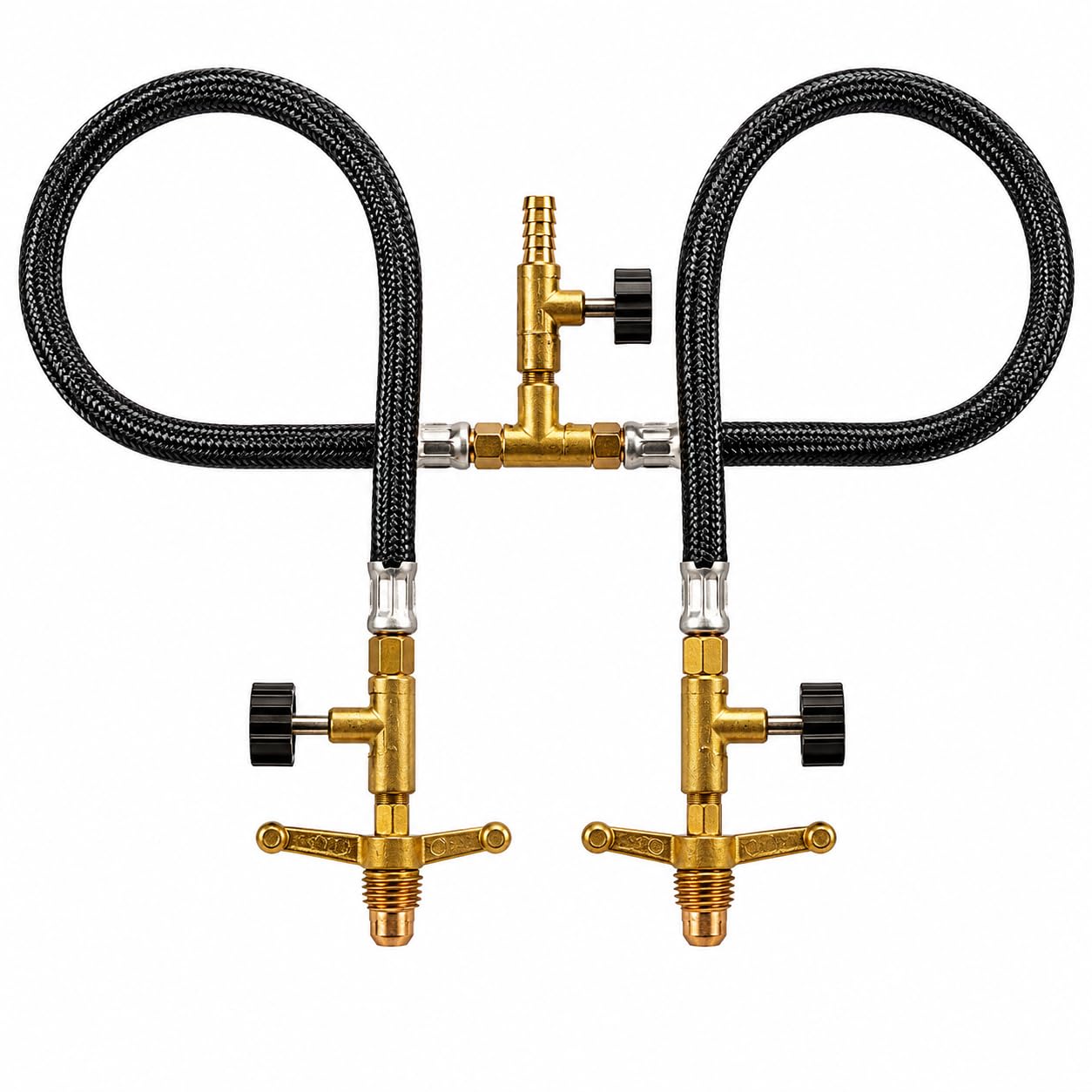 Kit Gás GLP Alta Pressão para 2 Botijões P13 com 2 Mangueiras 50 cm e Saída 5/16", Registros e Tee para Fogão Industrial e Pasteleiro