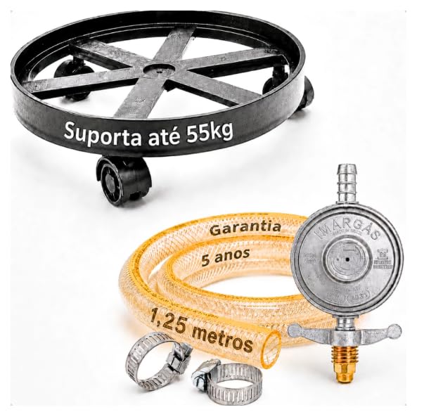 Kit Registro Regulador de Gás para Botijão P13 com Suporte com Rodinha