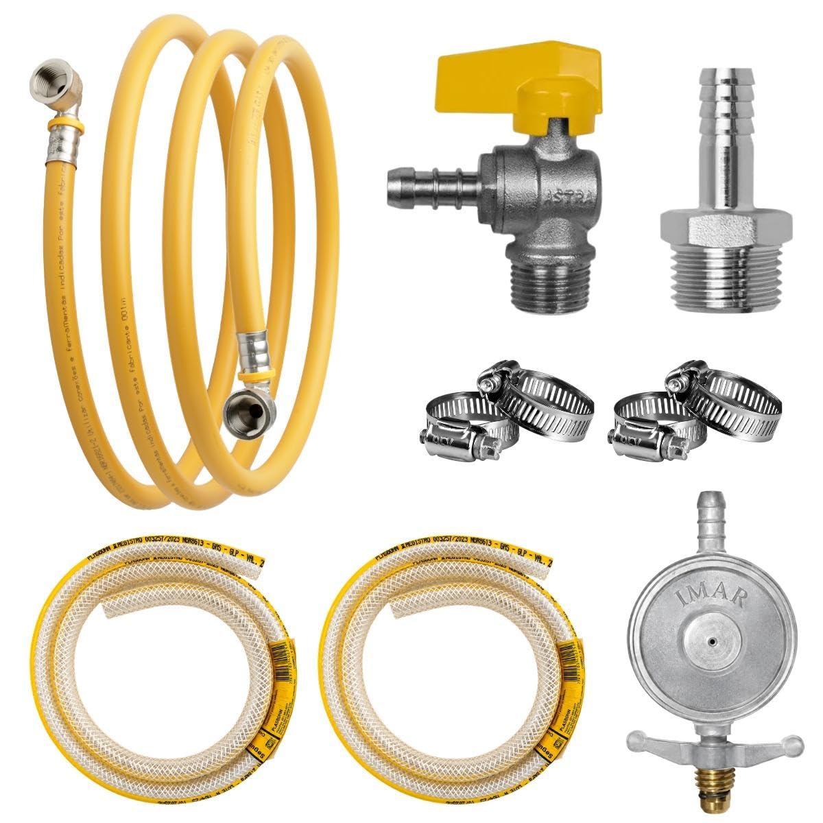 Kit Gás Completo 7 Metros Tubo PEX 16mm Prensado com Cotovelos + Válvula + Espigão + Regulador + 2 Mangueiras PVC 1m + 4 Abraçadeiras Inox