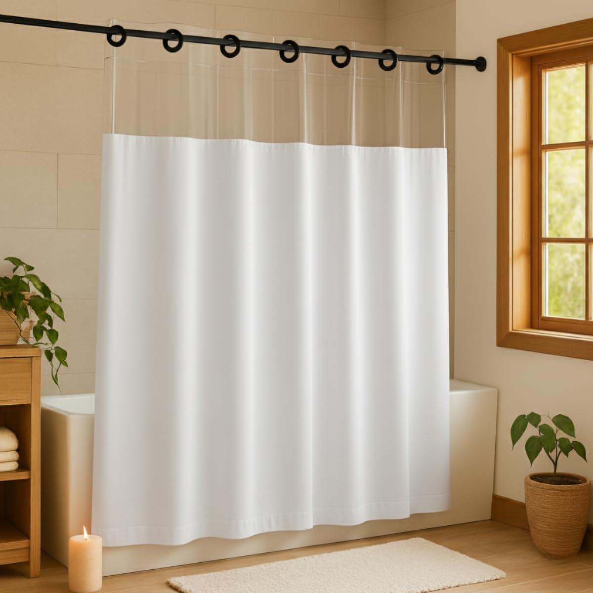 Cortina Para Box de Banheiro em PVC Impermeável Antimofo com Visor Transparente - 1,38 x 2m (BRANCO)