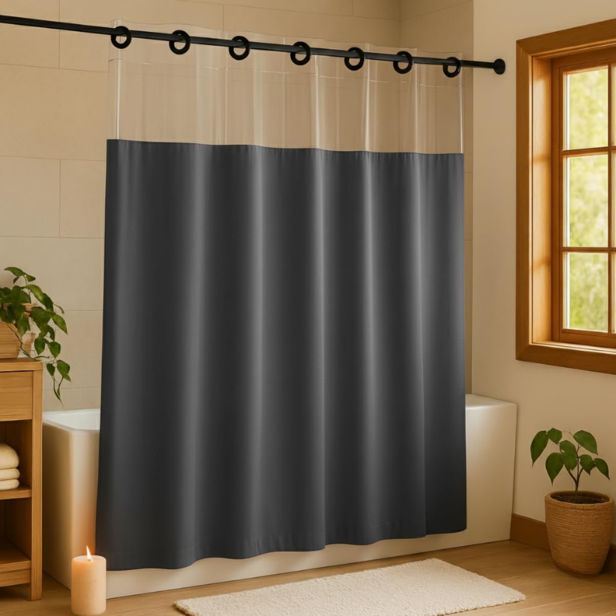 Cortina Para Box de Banheiro em PVC Impermeável Antimofo com Visor Transparente - 1,38 x 2m (CINZA ESCURO)