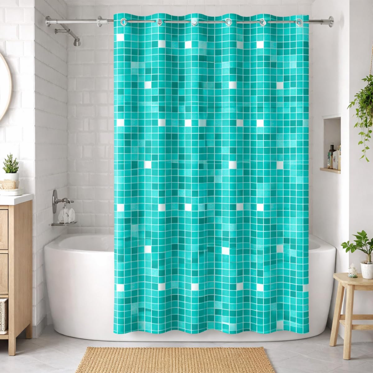 Cortina para Box de Banheiro em PVC Grossa, Estampa Pastilhas, Turquesa, 1,38m x 1,85m, Anti Mofo, Anti Ácaros, Impermeável, com Ganchos