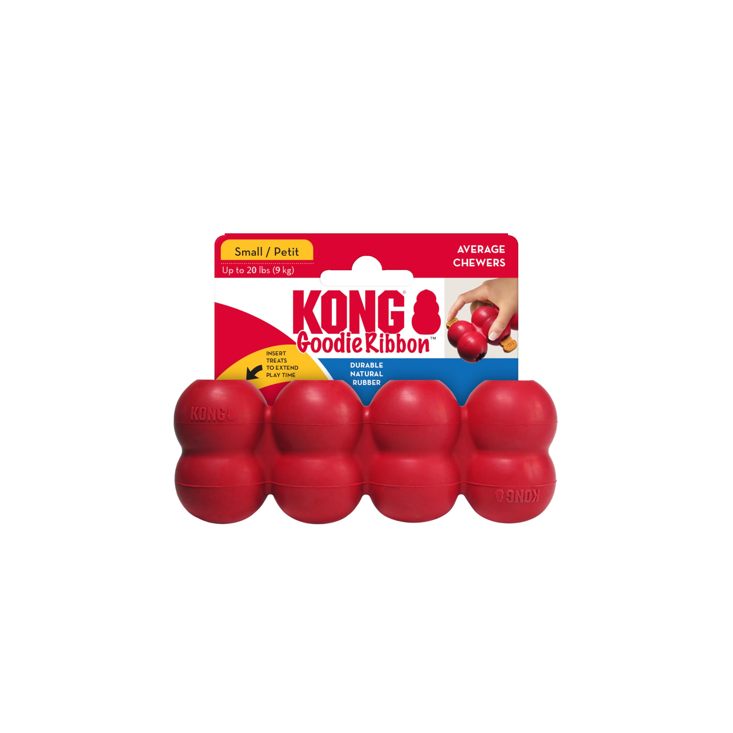 KONG Goodie Ribbon – Brinquedo de borracha natural para cães – com quatro pinças de guloseimas para enriquecimento – Brinquedo para mastigar em forma de osso – para cães pequenos