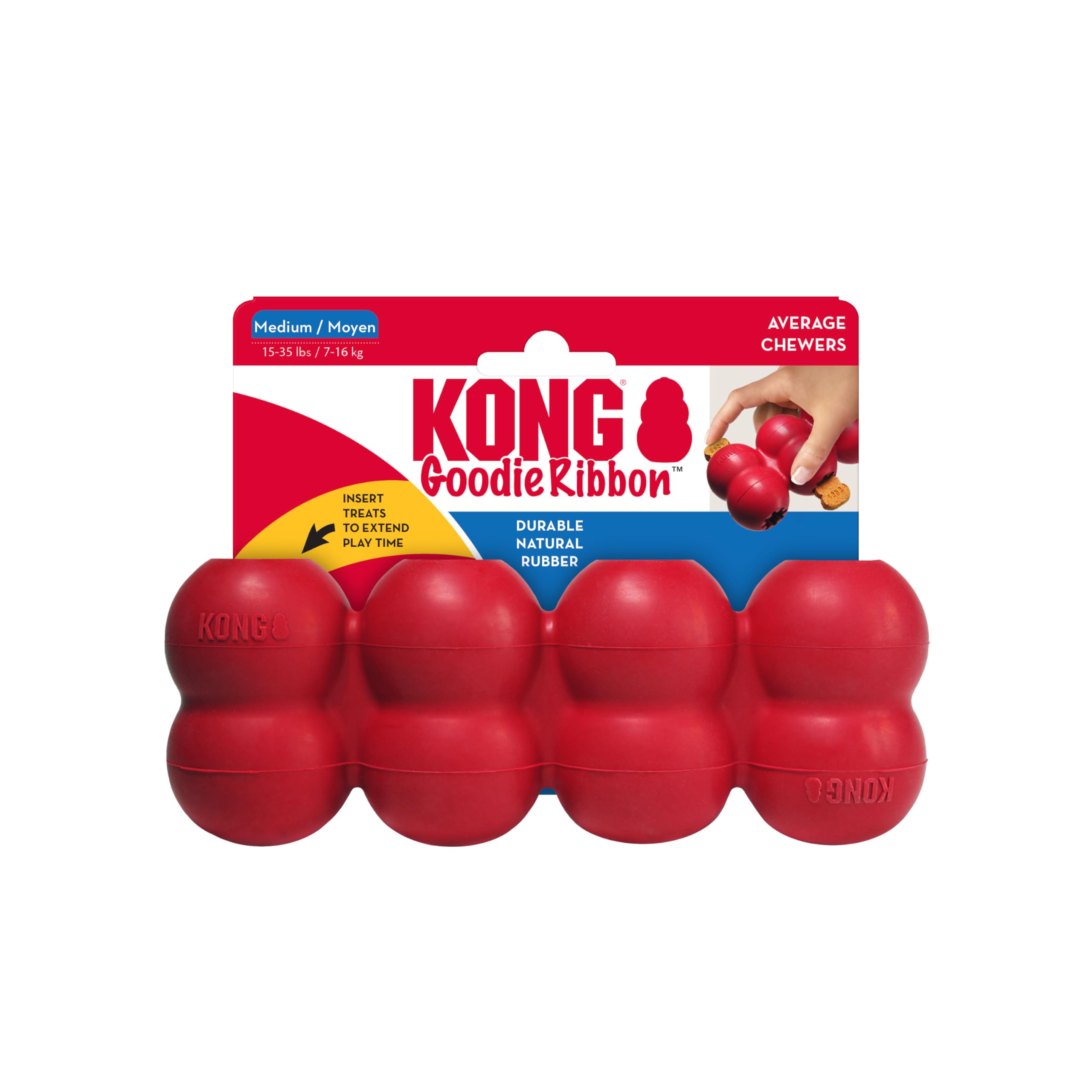 KONG Goodie Ribbon – Brinquedo de borracha natural para cães – com quatro pinças de guloseimas para enriquecimento – Brinquedo para mastigar em forma de osso – para cães médios