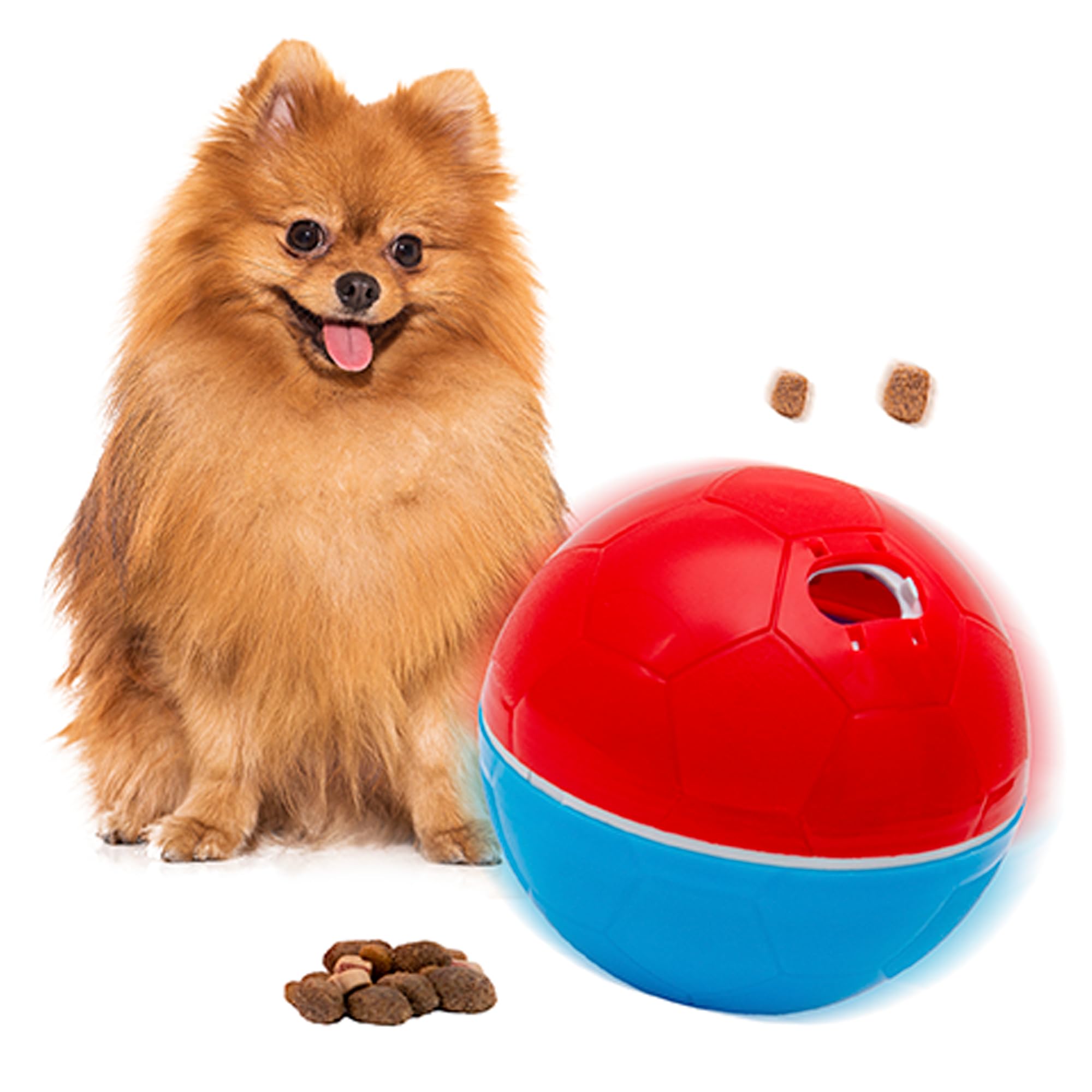 AMICUS Bolinha de Petiscos para Cães Crazy Ball, Brinquedo Interativo para Cachorro, Compartimento Dispenser de Petiscos Ajustável, Bola Lazer para Pets - Vermelho/Azul, 300g