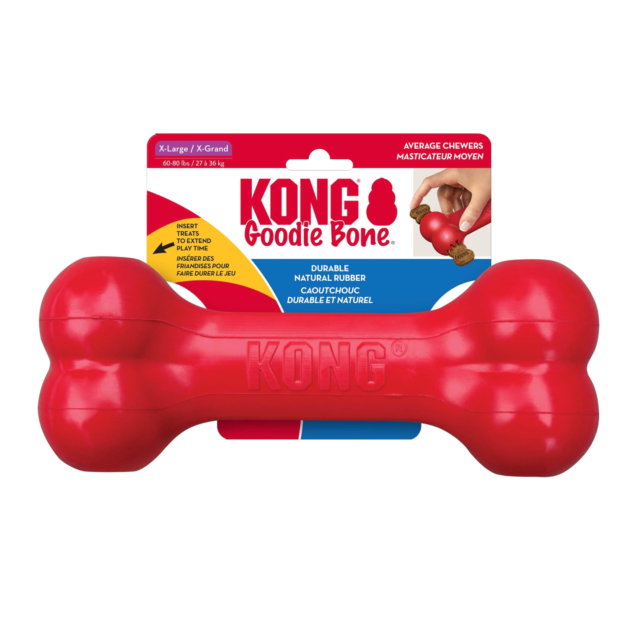 KONG Goodie Bone - Osso de borracha natural durável clássico para cães, suporta engajamento mental - distribuição de guloseimas - vermelho - para cães extragrandes | Borracha Clássica, Recheável com Petiscos, Mordida Forte