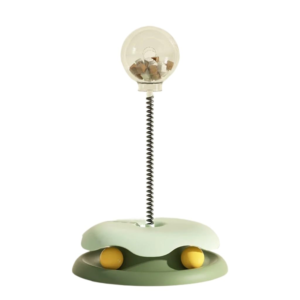 Brinquedo Interativo Para Cães E Gatos Bola Interativa Pet Dispenser Ração Torre Com Mola Pista Dupla E Bolinhas Desmontável 21,5x32cm (Verde)