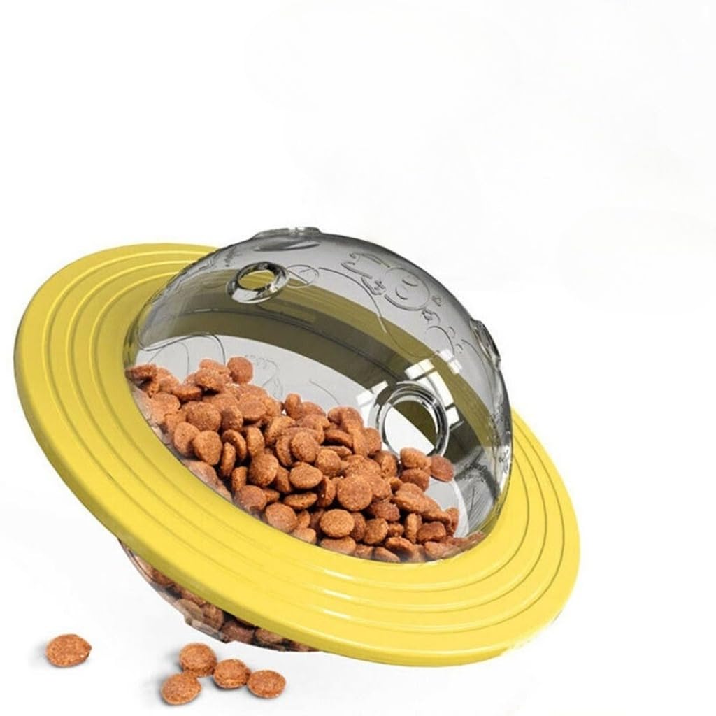 Comedouro Interativo para Cães com Brinquedo Disco Voador (AMARELO) | Comedouro interativo, dispenser de ração, disco voador, brinquedo de mastigar, plástico, desmontável, fácil de lavar