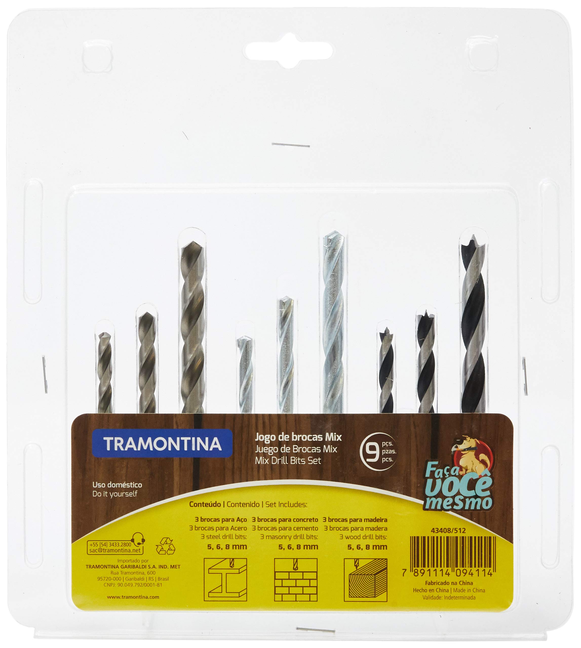 Tramontina 43408512, Jogo Brocas 9 Peças, com 3 Brocas s 5, 6 e 8 Mm, para Aço, Concreto e Madeira