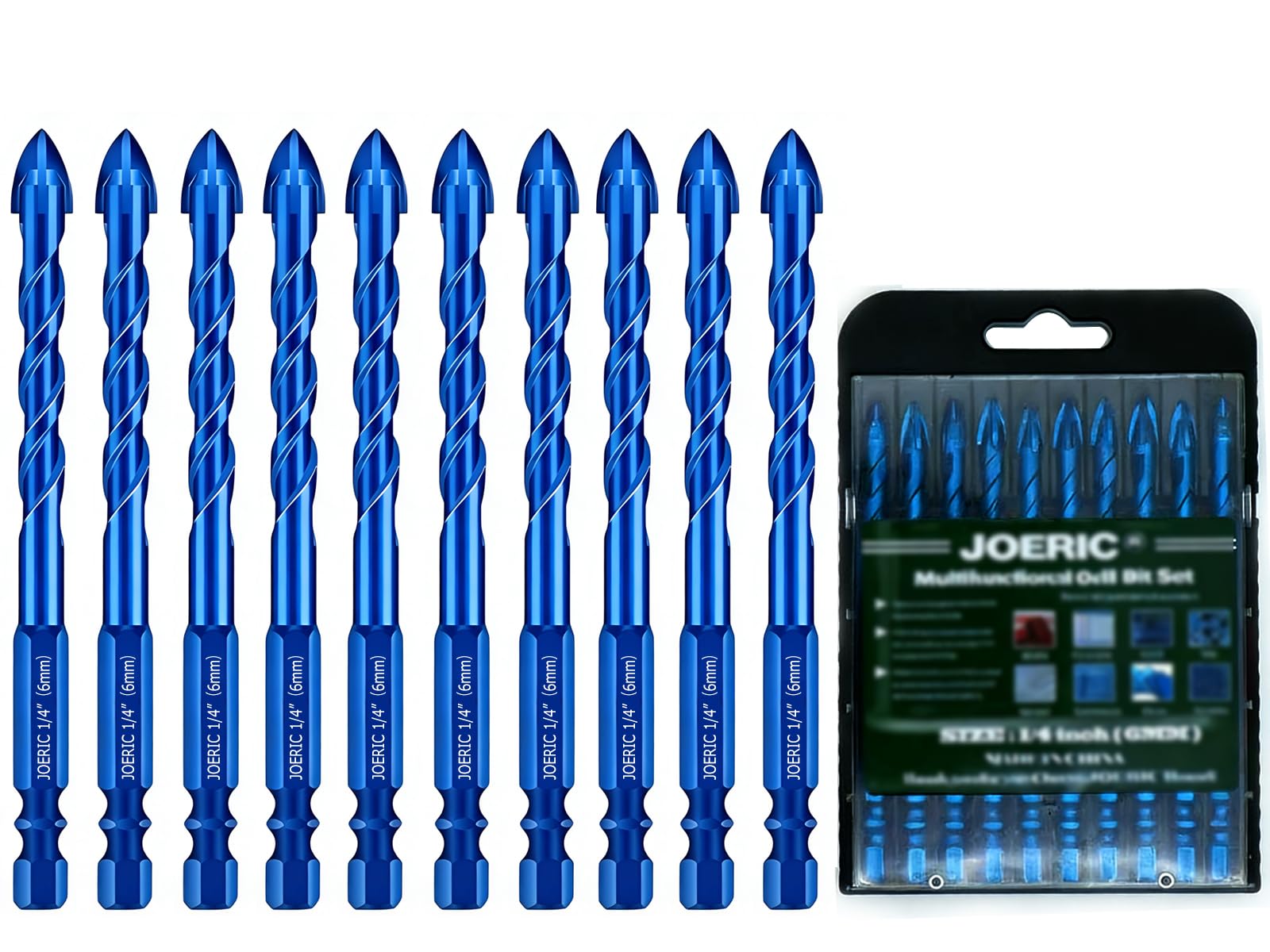 Jogo de Brocas Para Alvenaria de 1/4", 10 Peças, Brocas de Concreto de 6Mm, Brocas de Carboneto Para Cerâmica, Azulejo, Plástico, Parede, Tijolo, Cimento, Concreto, Madeira com Tamanhos