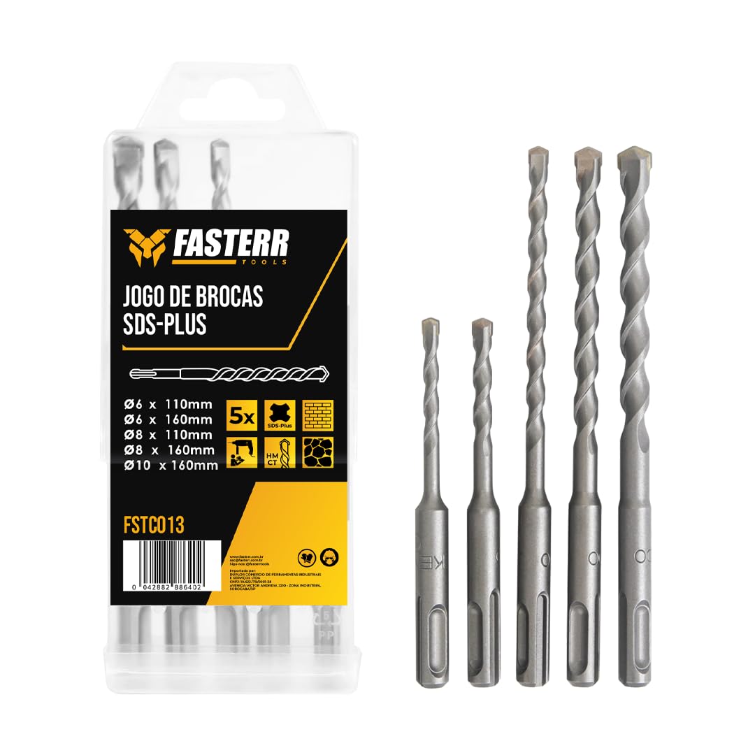 Jogo de Brocas SDS Plus Fasterr FSTC013 para Concreto e Alvenaria com 5 Peças em Carboneto de Tungstênio