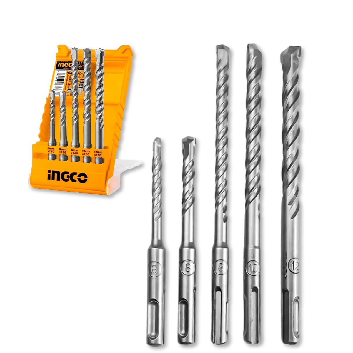 INGCO Jogo de Brocas SDS Plus 5 Peças AKD2052 – 6, 8, 8, 10, 12mm Ponta Carboneto Comprimentos 110 e 160mm Estojo