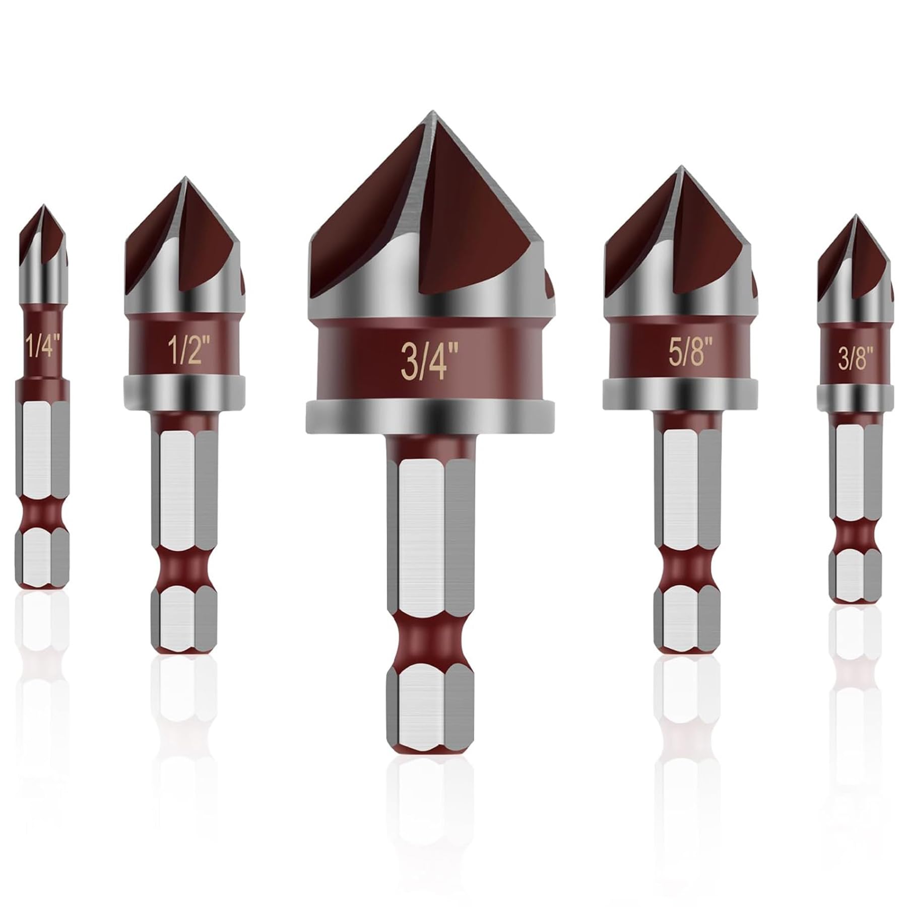 Broca escareadora, 5 peças 82 graus HSS 1/10.2 cm-3/10.2 cm com haste hexagonal de 1/10.2 cm, conjunto de brocas escareadoras para madeira, metal, plástico, escareador para madeira