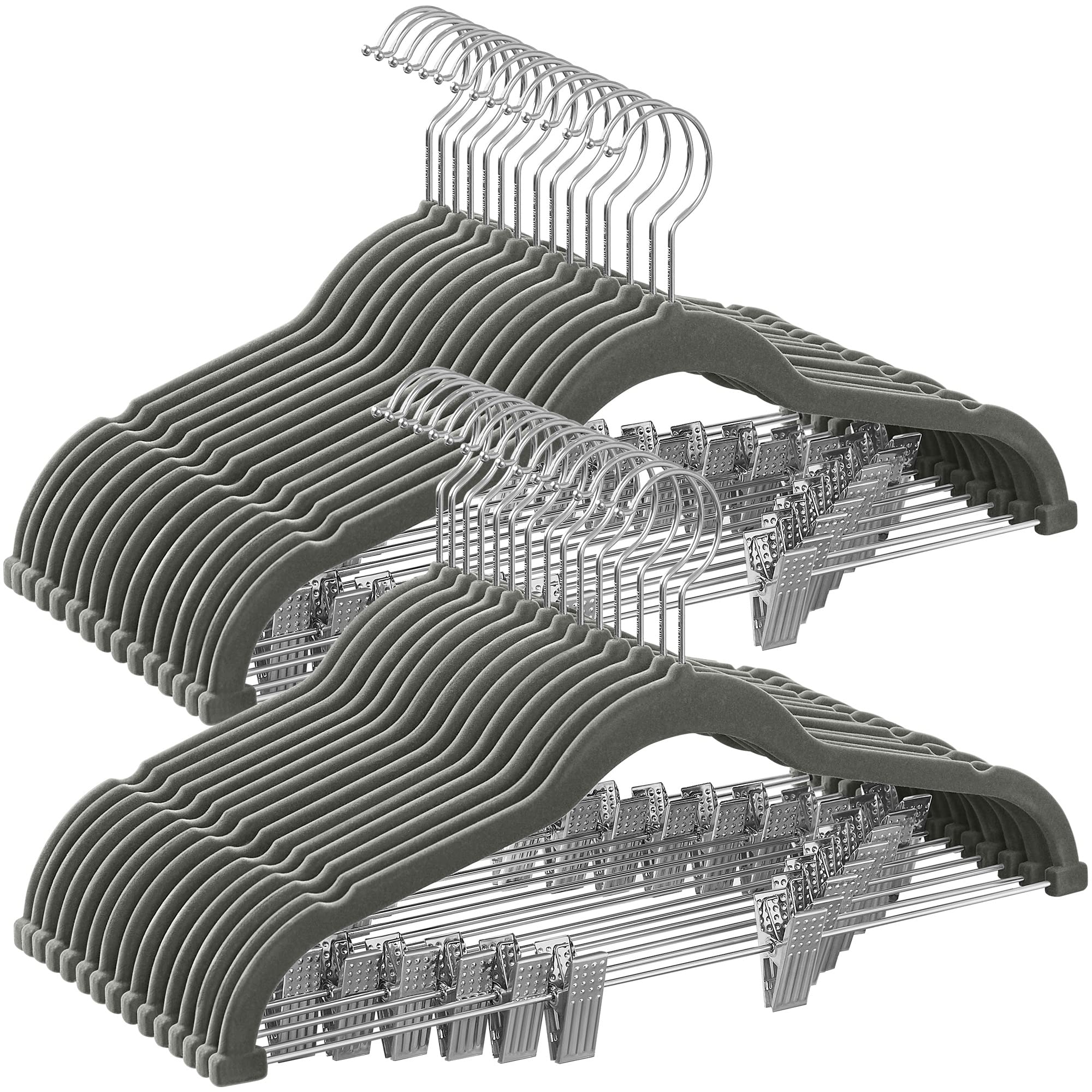 SONGMICS Cabides para Calças, Kit com 30 Cabides de Veludo com Presilhas Ajustáveis, 42,5 cm, Antideslizante, que Economiza Espaço, para Saias, Casacos, Vestidos, Cinza BRCRF012B30 | Com Presilhas Ajustáveis, 42,5 cm, Antideslizante, que Economiza Espaço, para Saias, Casacos, Vestidos BRCRF012B30