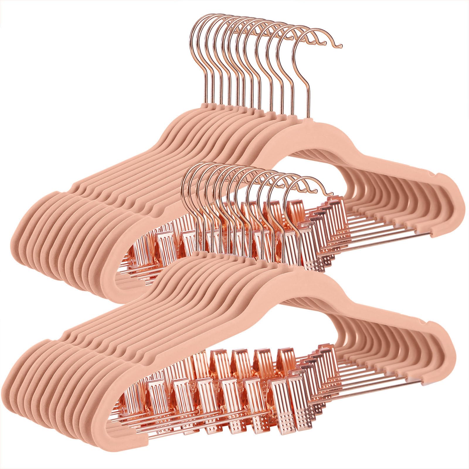 SONGMICS Cabides de Veludo, Kit com 24 Unidades, para Calças,42.5cm | Com Presilhas Ajustáveis e Gancho Dourado, Economiza Espaço, para Saias e Vestidos, Rosa Claro, Coleção BREANNA BRCRF14PK24
