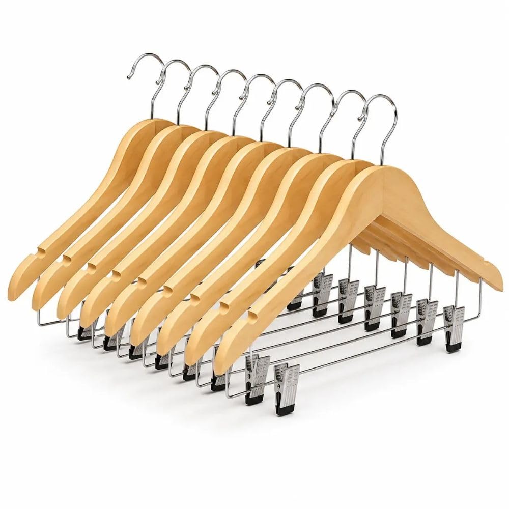 【Cozena】Kit 20 Cabides de Madeira Premium C/Presilhas – Elegância, Resistência e Organização - Gancho metálico resistente e giratório - Evita marcas, vincos e deformações
