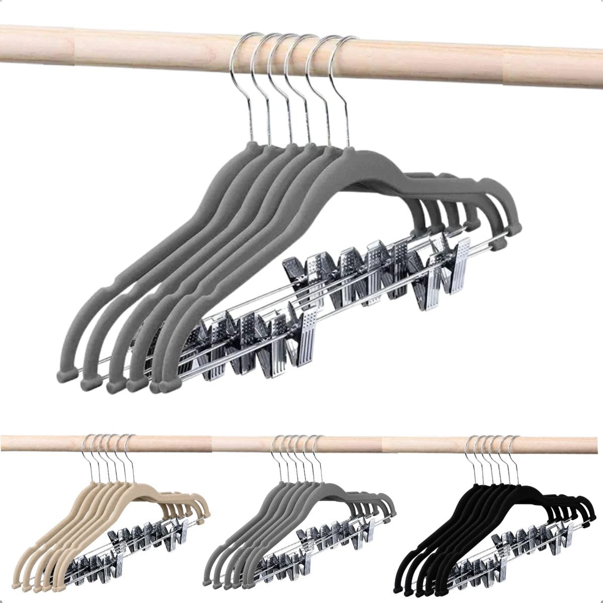 Kit 12 Cabides Veludo Presilhas Metal Adulto Reforçado Premium Calça Saia Camiseta Antideslizante (Cinza)