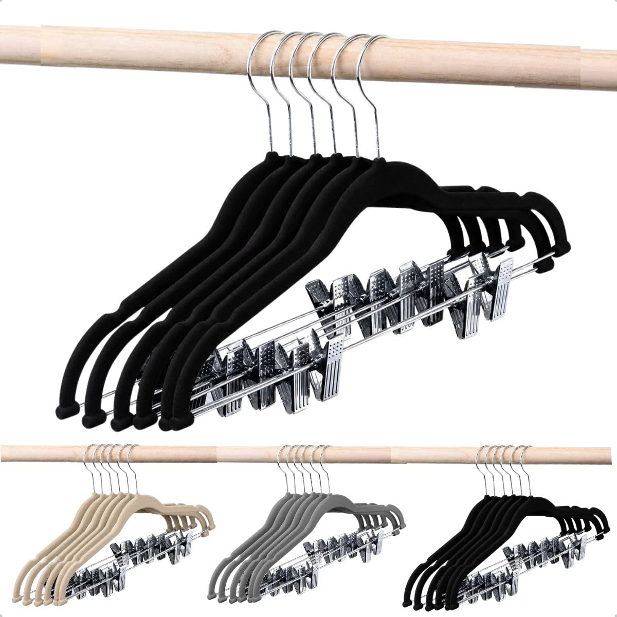 Kit 12 Cabides Veludo Presilhas Metal Adulto Reforçado Premium Calça Saia Camiseta Antideslizante (Preto)