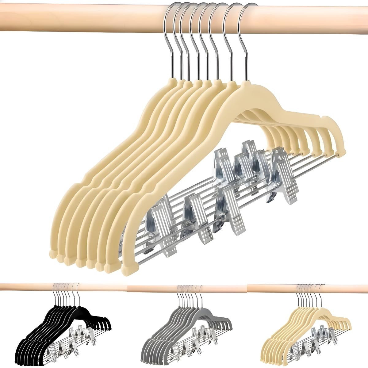 Kit 12 Cabides Veludo Presilhas Metal Adulto Reforçado Premium Calça Saia Camiseta Antideslizante (Bege)