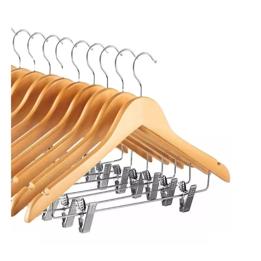 Cabide Madeira Marfim Verniz Com Presilhas Metal Para Saia Calça Jeans Vestido Terno Bermuda(20 Madeira com Presilhas)