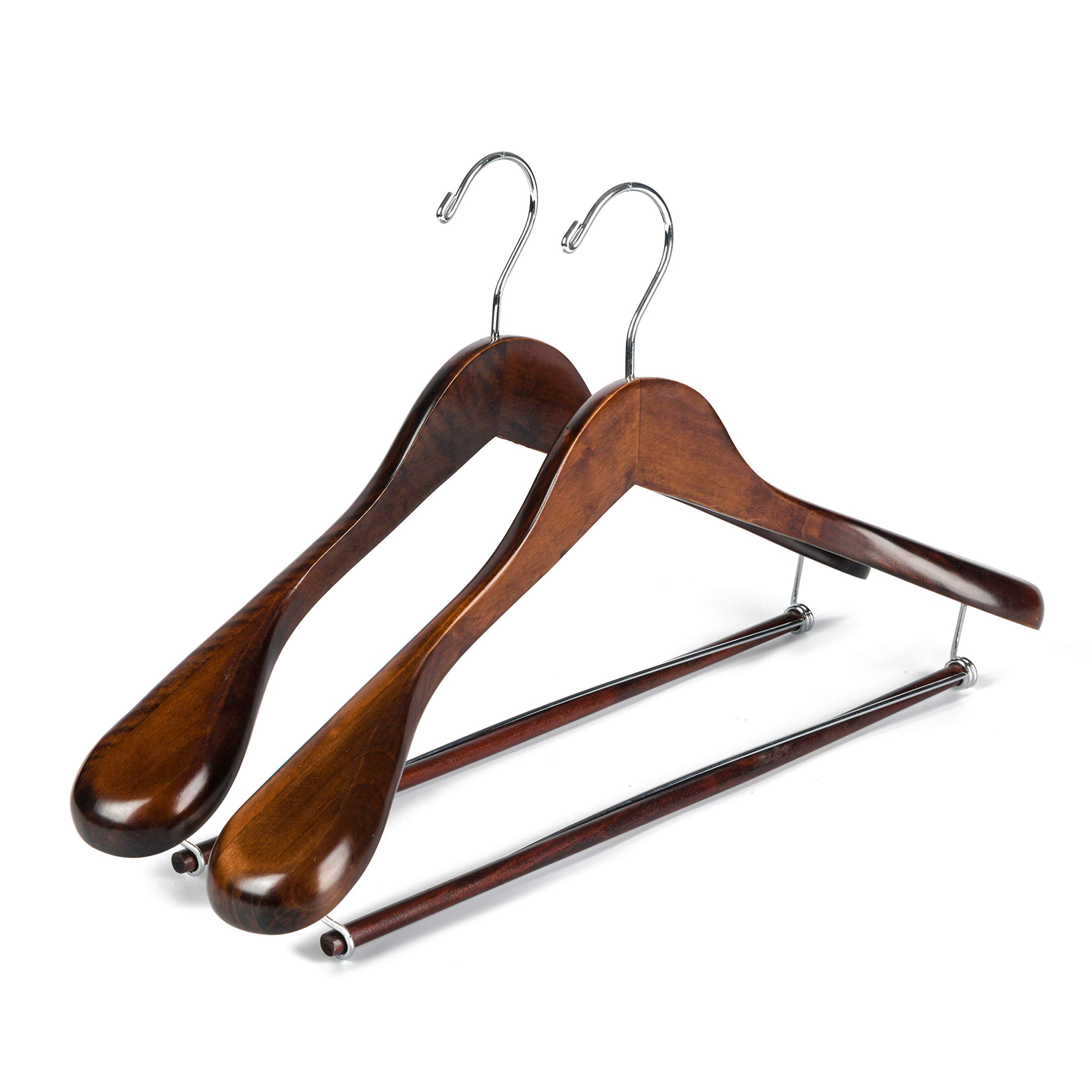 Cabides de madeira de luxo para ombro largo, pacote com 2, com barra de travamento, cabide de madeira com acabamento retrô liso para armário, capacidade para até 9 kg, gancho giratório de 360°, para jaqueta, cabide de roupas pesadas
