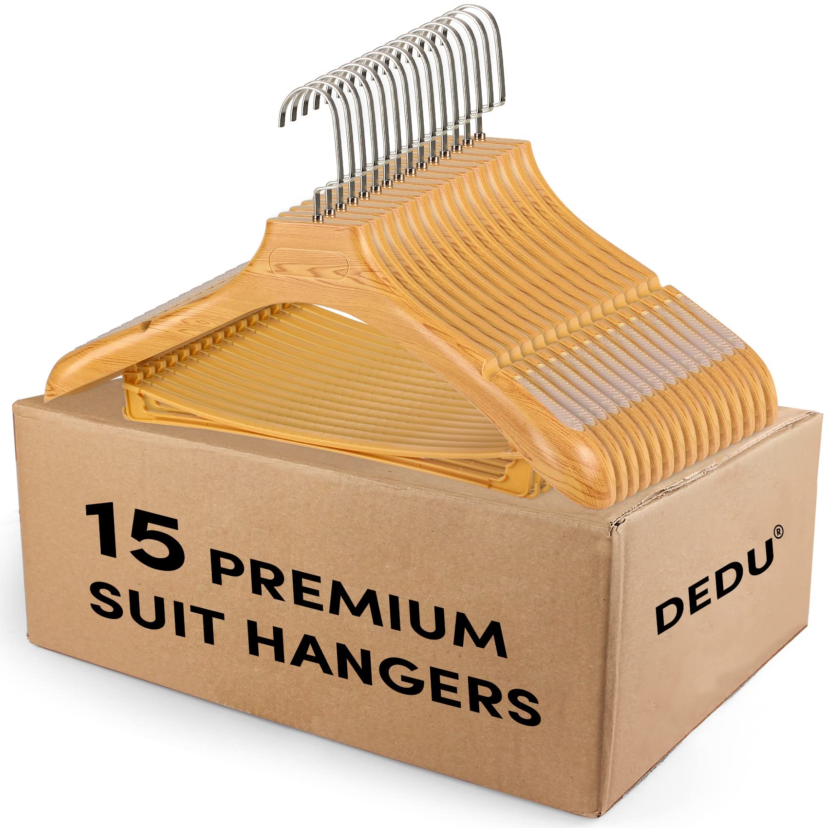 DEDU Cabides de plástico extra largos para terno de ombro para homens, pacote com 15 de largura 44,5 cm, cabides de suéter sem solavancos antiderrapantes para suéteres grossos, cabides de roupas com barra de calças, gancho de metal giratório de 360° (natural)