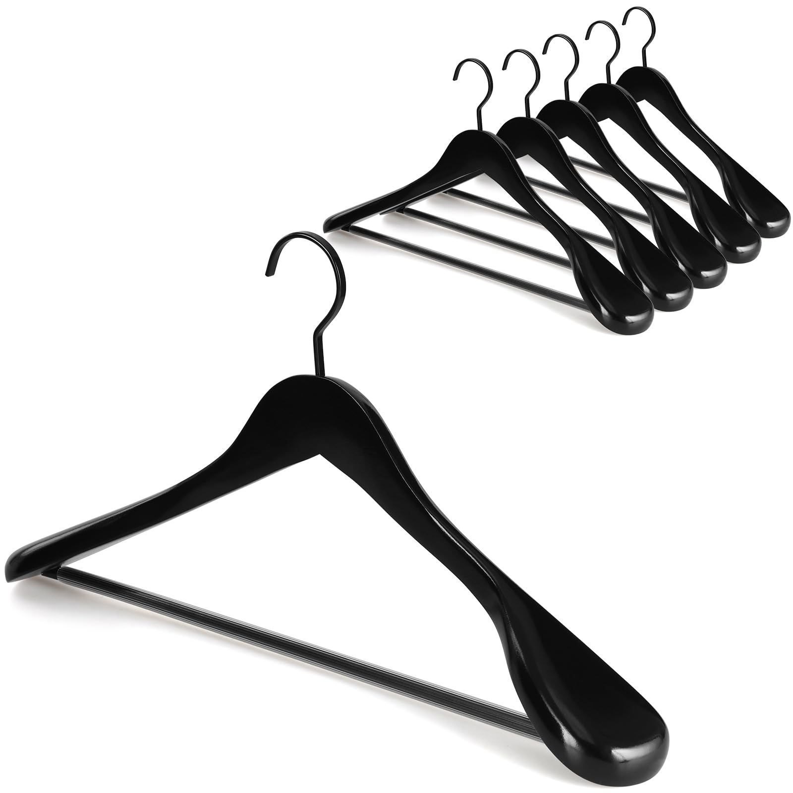 TOPIA HANGER Cabide de madeira preto, pacote com 6, cabides de madeira de ombro largo com ganchos planos extragrossos e barra de calça antiderrapante, cabides resistentes, acabamento brilhante, preto