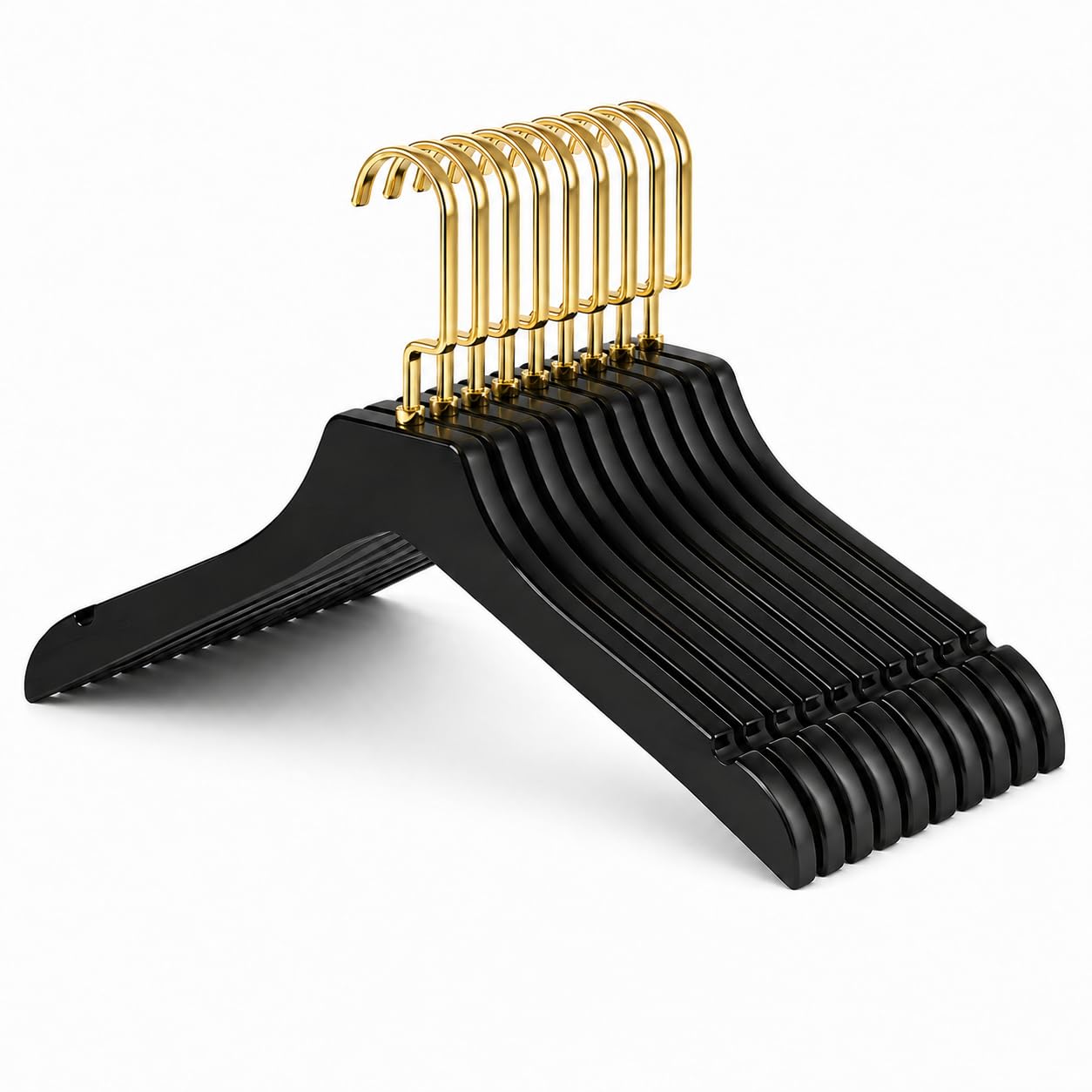 【Cozena】Kit 10 Cabides de Madeira Laqueada Preto Marfim, Gancho Metal Italiano Dourado Premium.