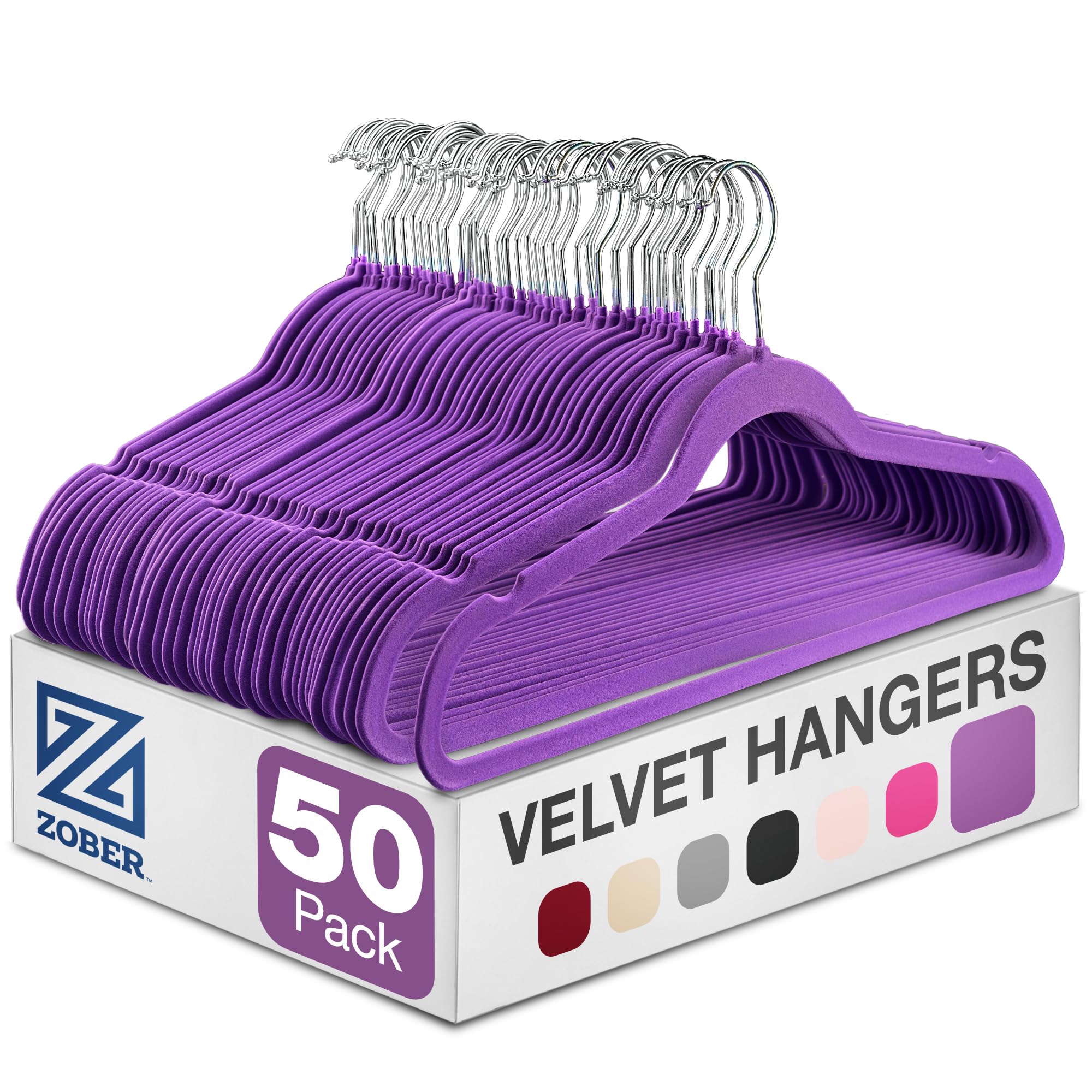 ZOBER Cabides de veludo roxo pacote com 50 cabides de roupas, cabides de casaco para calças e roupas sociais - Antiderrapante com giro de 360 graus, comporta até 4,5 kg - Cabide de feltro forte para