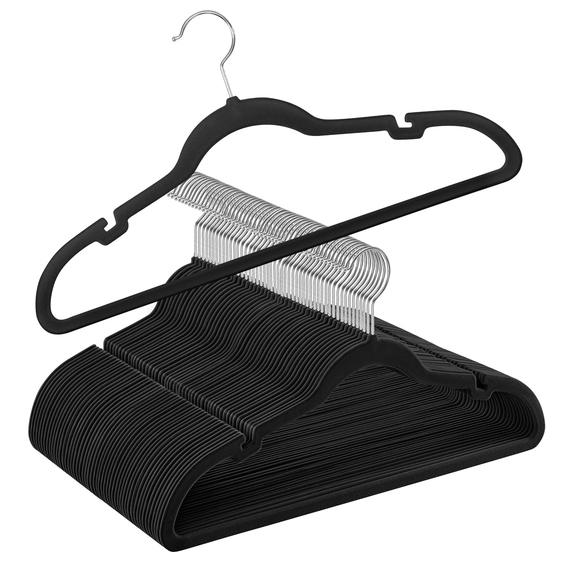 SONGMICS Cabides de Veludo, Pacote com 50 Cabides para Roupas, Antideslizantes, com Entalhes nos Ombros, Barra para Calças, Gancho Giratório 360°, que Economizam Espaço, Preto Tinta BRCRF029B05