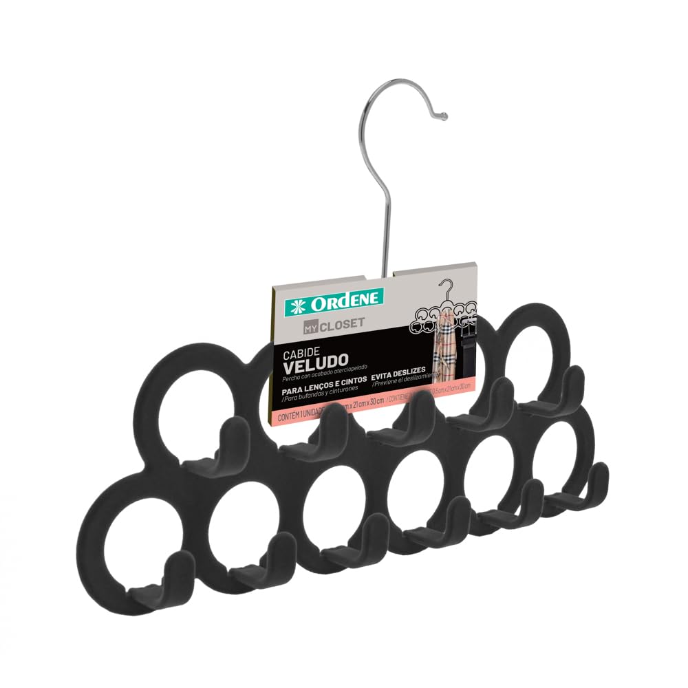 Ordene - Cabide de Veludo para Lenços e Cintos, Cor Preta, Linha My Closet