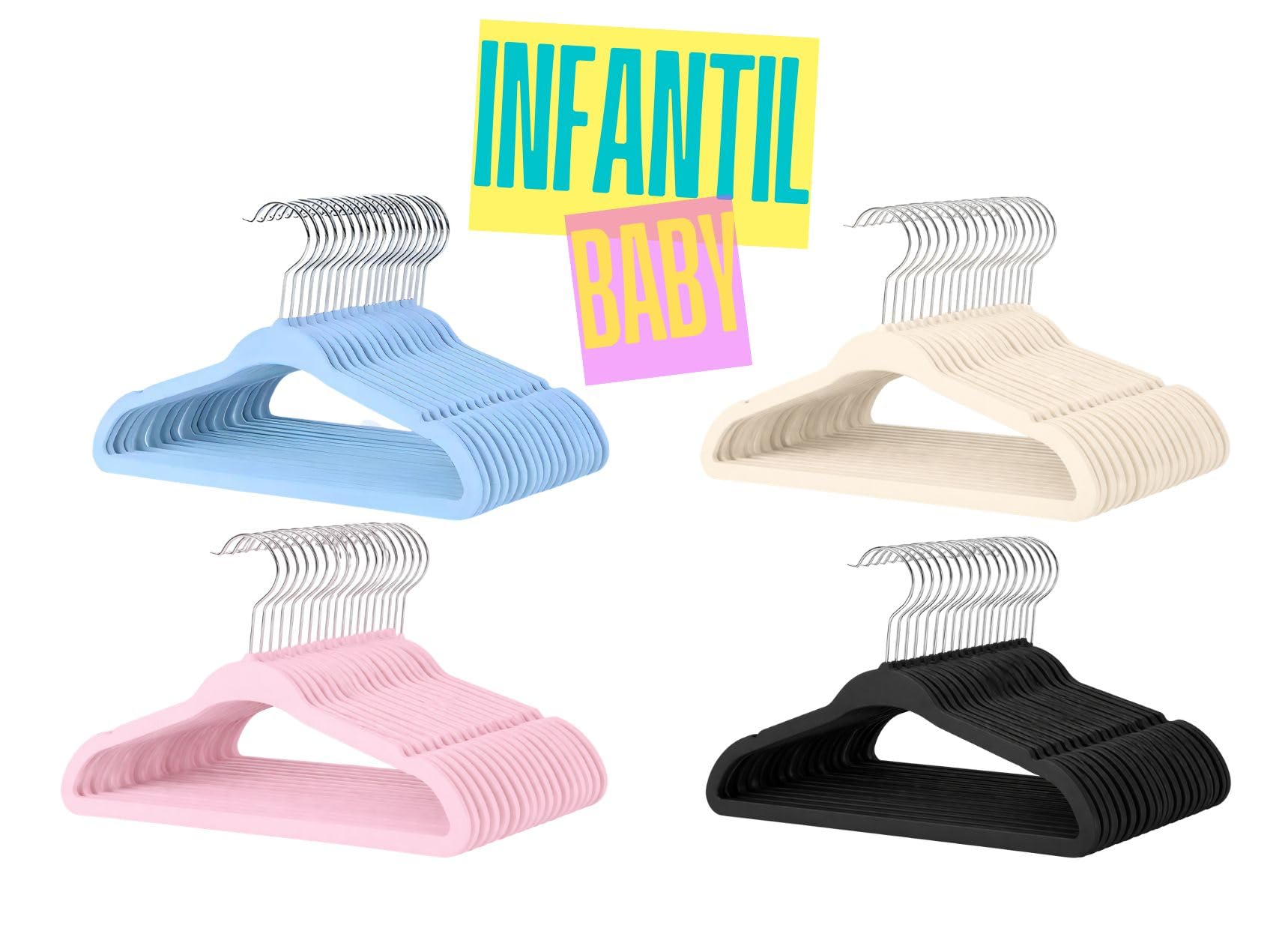 Tudo Em Ordem Kit 30 Cabides de Veludo Infantil Slim Ultrafino (Azul, Rosa, Bege e Preto) 29,5cm (Rosa)