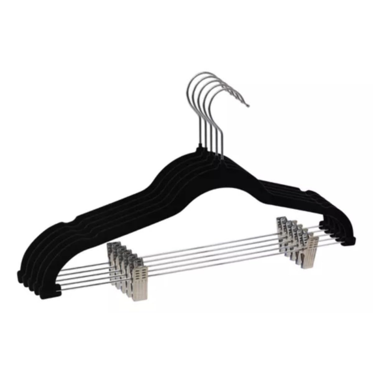 Kit 5 Cabides Slim de Veludo Preto com Presilhas, Antiderrapante e Reforçado com Gancho de Metal para Calças, Saias e Roupas, Elegante e Organizador de Guarda-Roupa