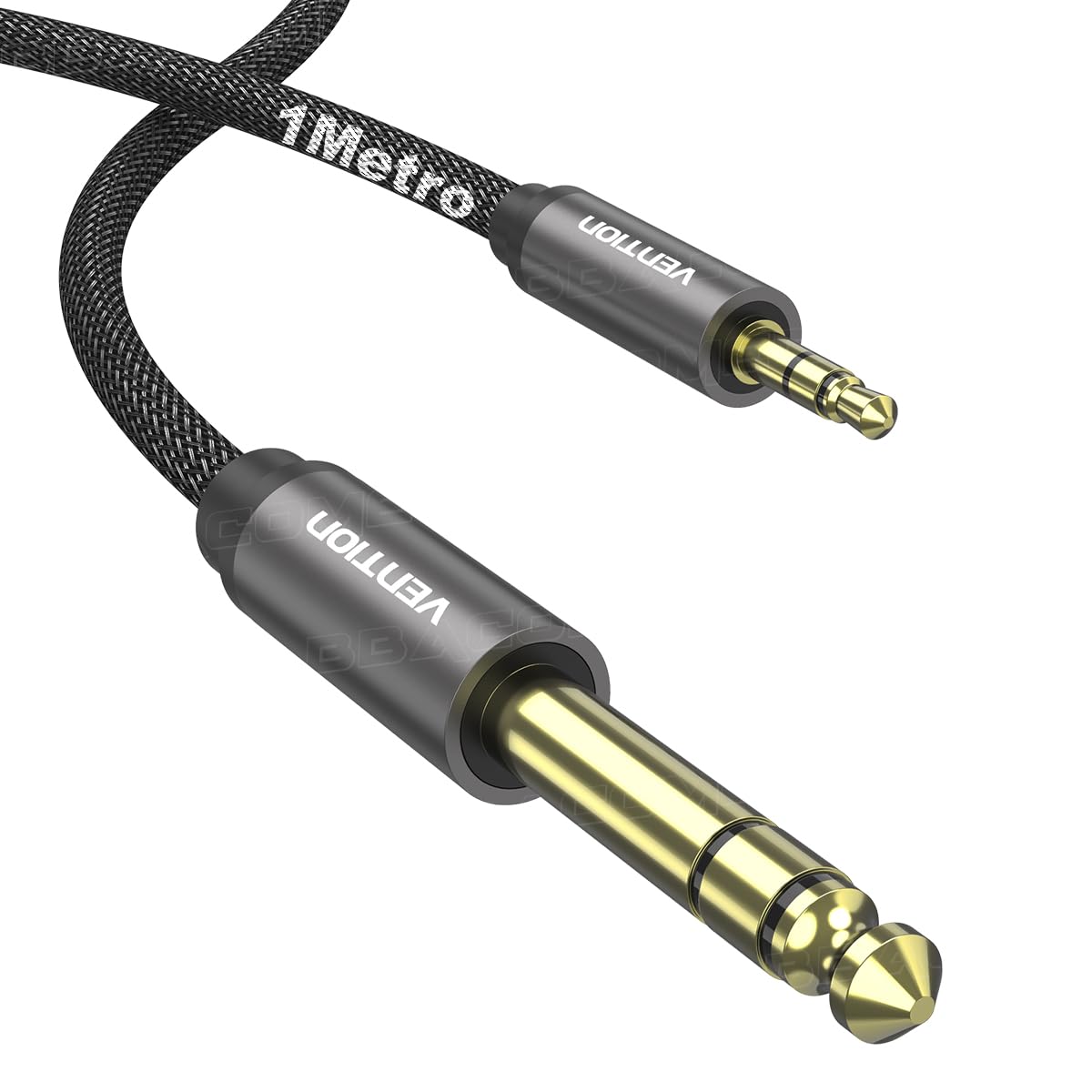 Cabo de Audio VENTION HIFI Auxiliar P2 (3.5mm) x P10 (6.5mm) TRS Profissional Estéreo Blindado Banhado Ouro 1 Metro Guitarra Violão Caixa de Som Nylon