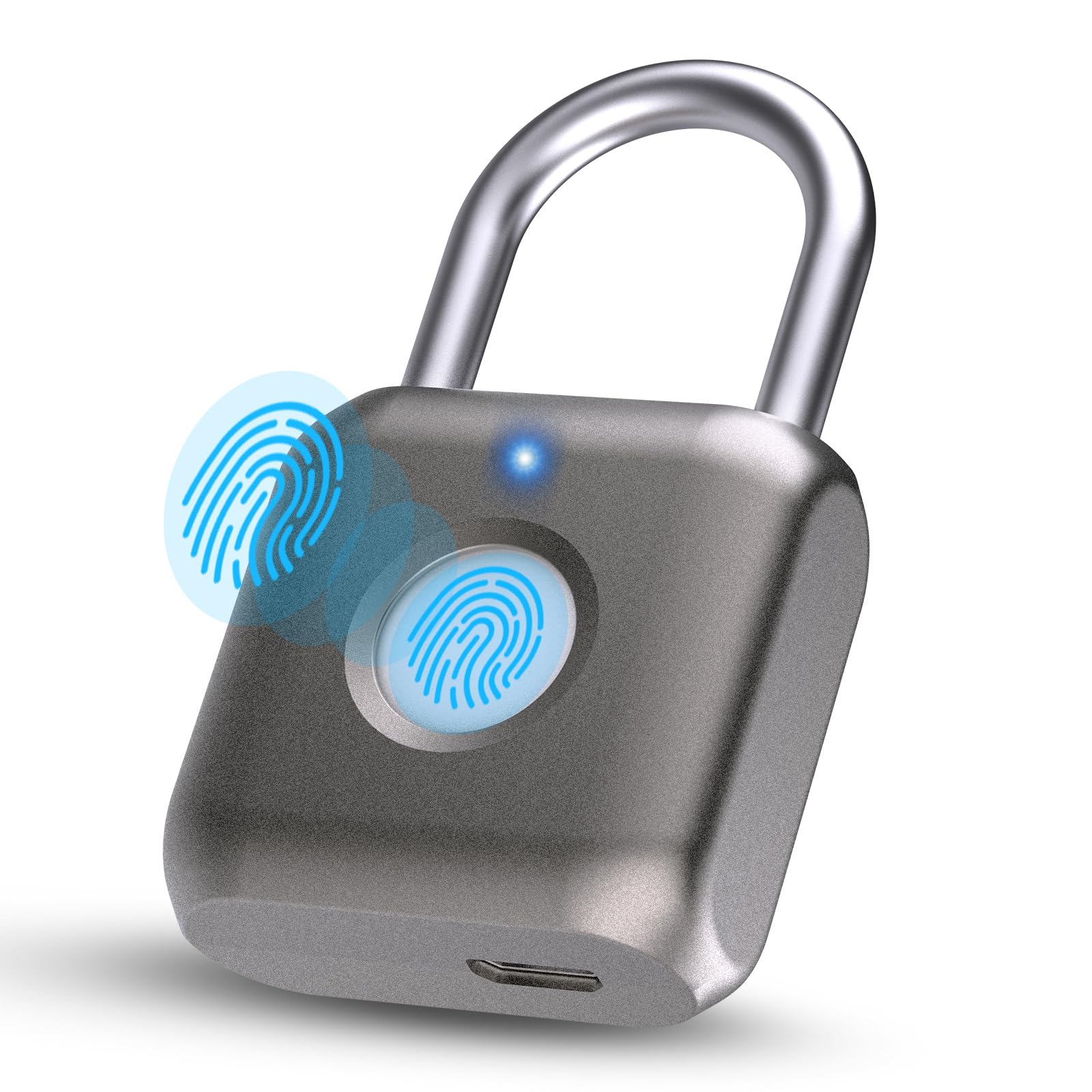 Pothunder Cadeado inteligente com impressão digital, cadeado biométrico de metal sem chave, impermeável, recarregável por USB, para armário de academia, armário escolar, bagagem, mochila, mala (cinza)