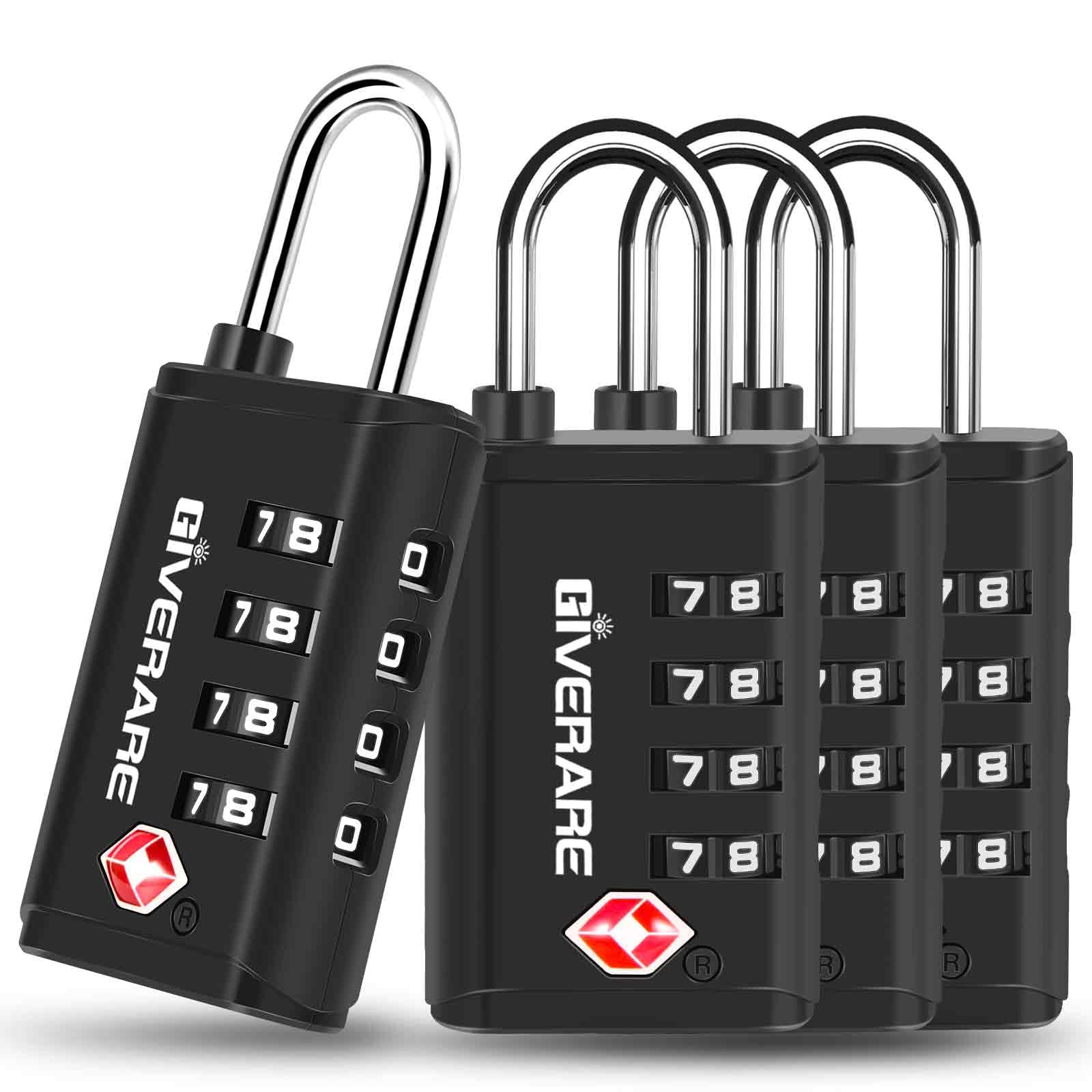 Pacote com 4 cadeados de mala de viagem aprovados pela TSA de 4 dígitos, cadeado de combinação para mala com alerta de abertura, cadeados com zíper sem chave, cadeados de combinação compatíveis