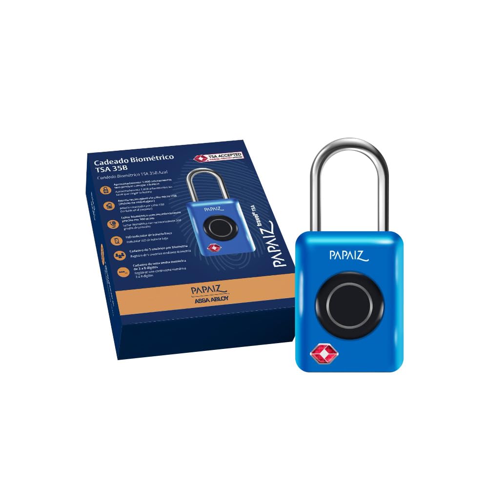 Cadeado TSA Digital 35B Azul com Biometria e Senha Numerica Leitura Rapida e Alta Segurança para Viagens