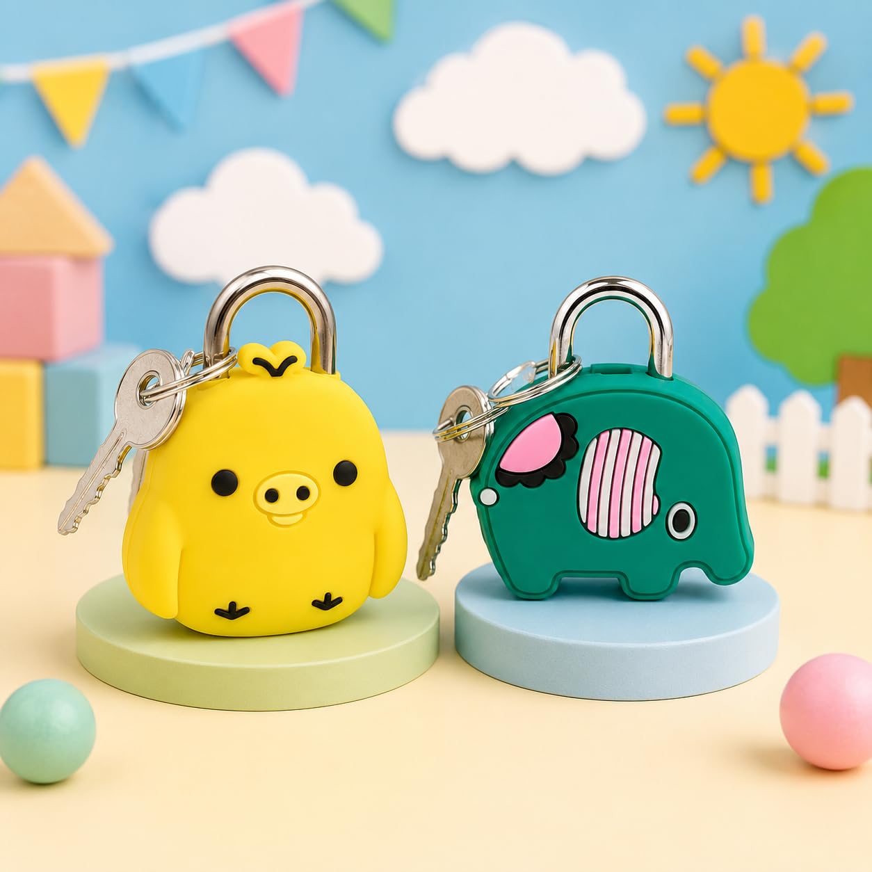 Kit 2 Mini Cadeados Divertidos com Animais Fofos e Sortidos com 2 Chaves – Cadeado Decorativo Infantil para Mochila, Bolsa, Diário, Armário, Mala de Viagem e Bagagem - MELLUZ (Amarelo - Musgo)