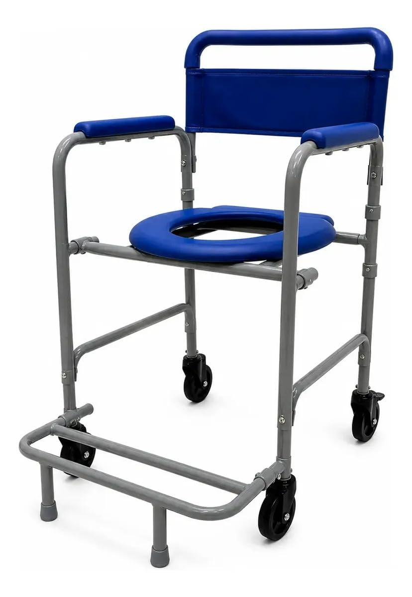 Cadeira de banho idoso até 90 kg modelo Slim em aço com rodas e breque 50 cm largura total