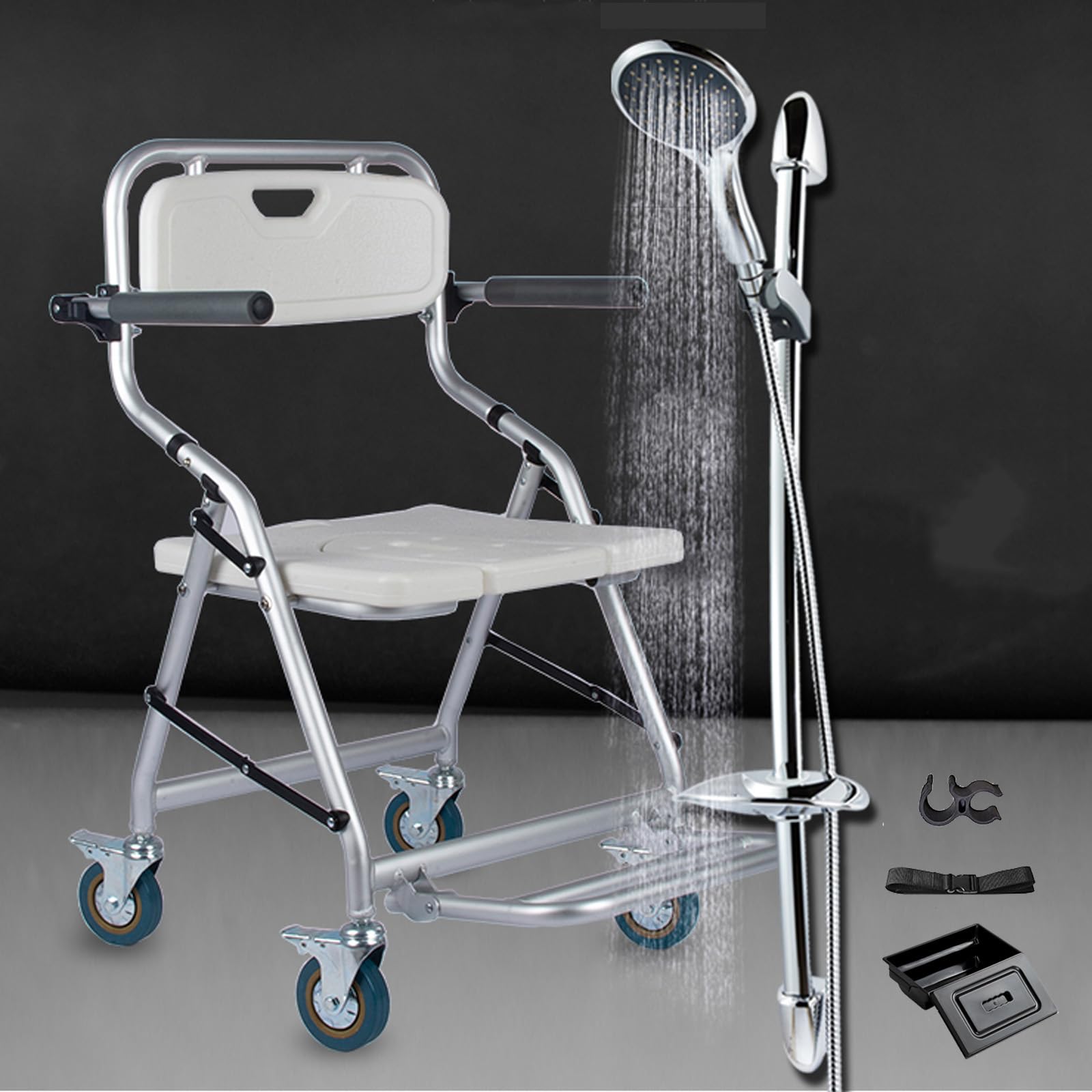Cadeira de banho com rodas para idosos, cadeira higiênica dobrável portátil, quatro rodas com freios, apoio para os pés dobrável, com furo para idosos de 150 kg