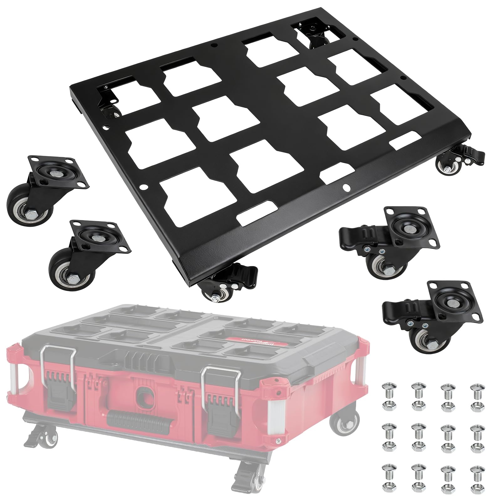 Carrinho suporte para caixa de ferramentas aprimorado compatível com carrinhos Milwaukee Packout | Rodas Milwaukee Packout equipadas com rodas de bloqueio com capacidade de carga de até 90 kg