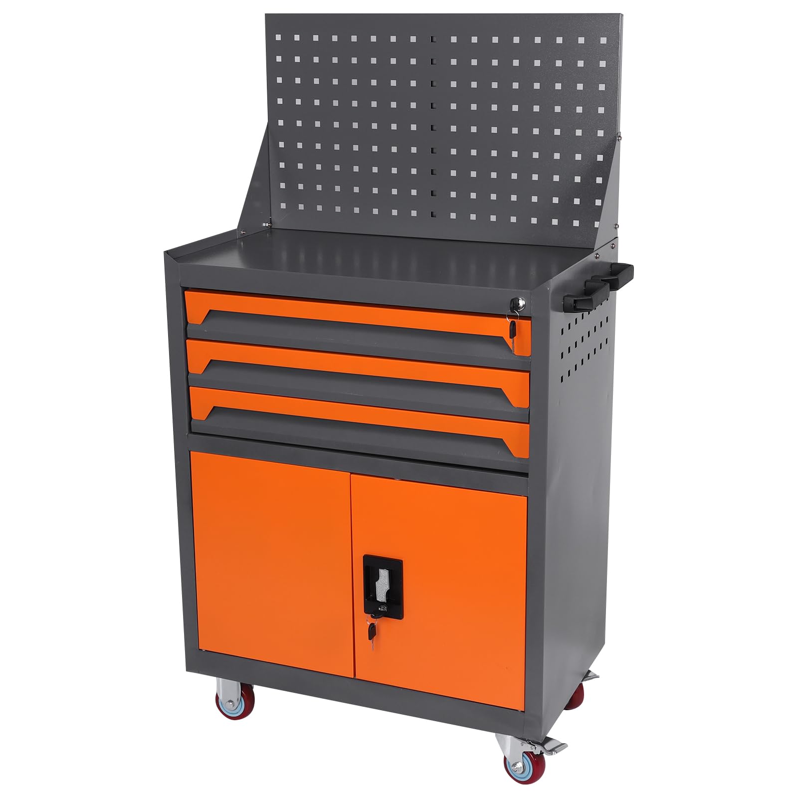 Caixa de ferramentas com gavetas, organizador de ferramentas, carrinho de ferramentas móvel, laranja, resistente, aço laminado a frio, bandeja superior portátil e alça ergonômica
