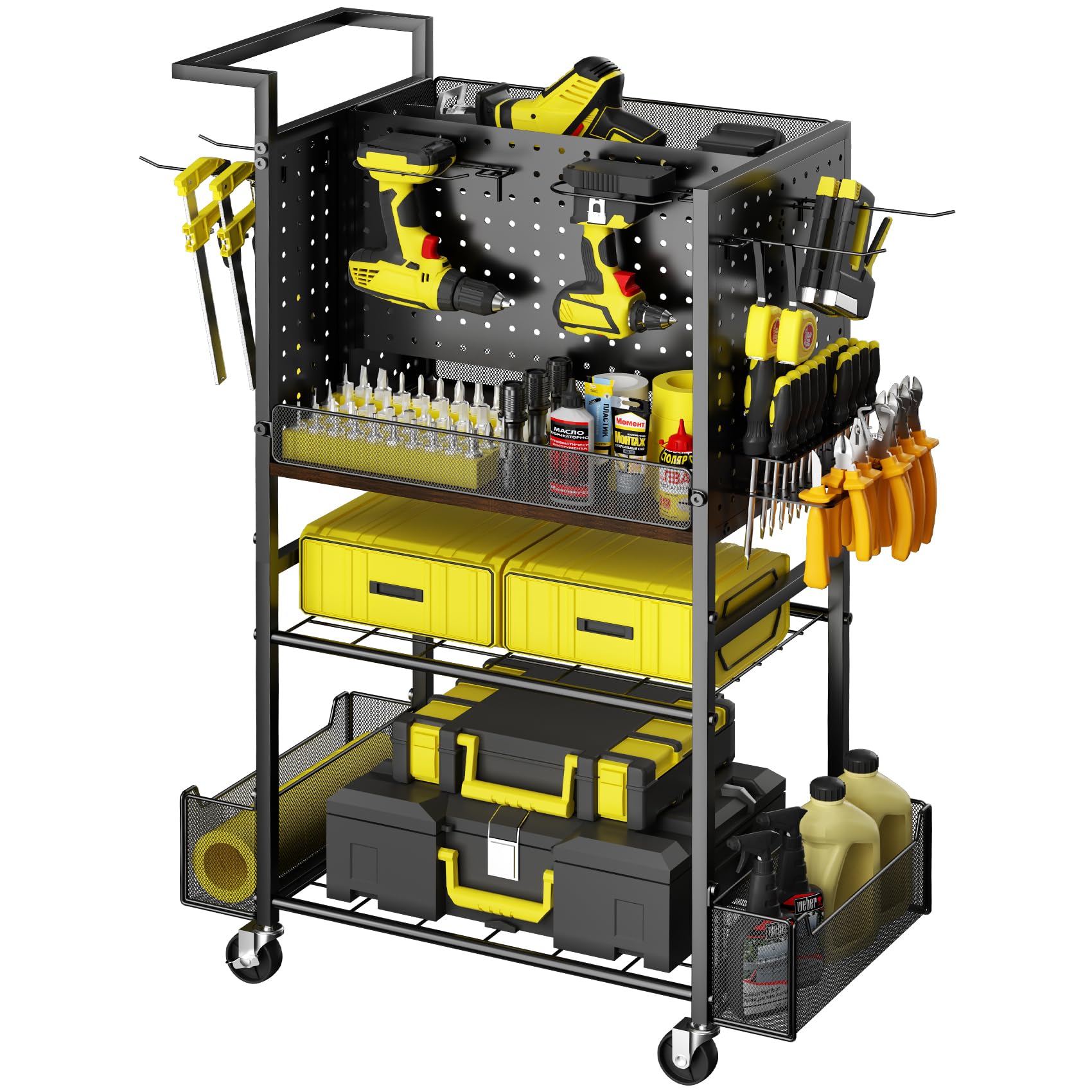 Carrinho de ferramentas com rodas, carrinho utilitário de rolamento de metal de 4 camadas com quadro de apoio e cestas de armazenamento, organizador de ferramentas de 110 kg para garagem, oficina e