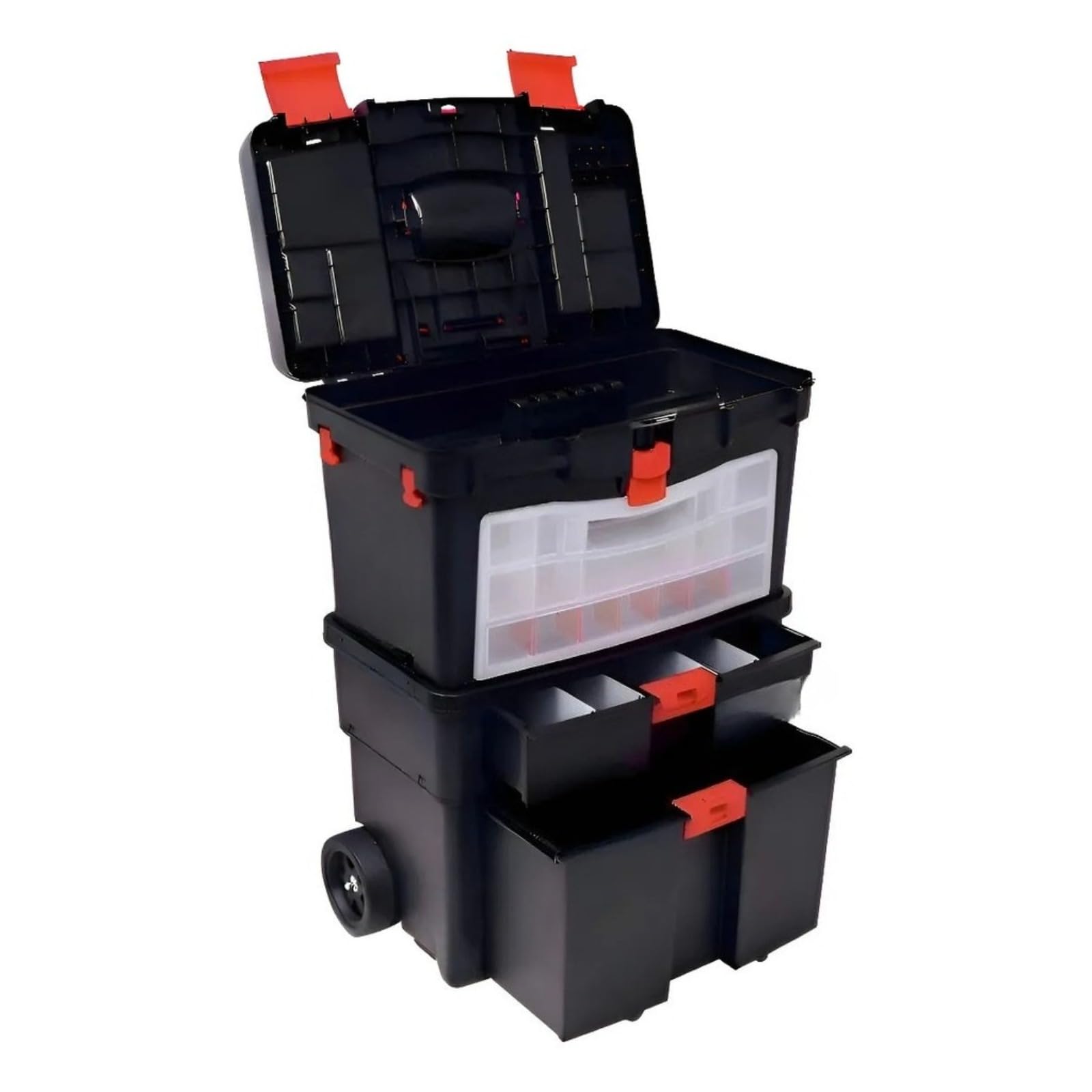 Caixa de Ferramentas Grande 24,5" com Rodas, Gavetas e Alça Dobrável | Organizador móvel em polipropileno com gavetas, bandeja removível e capacidade de até 25 kg