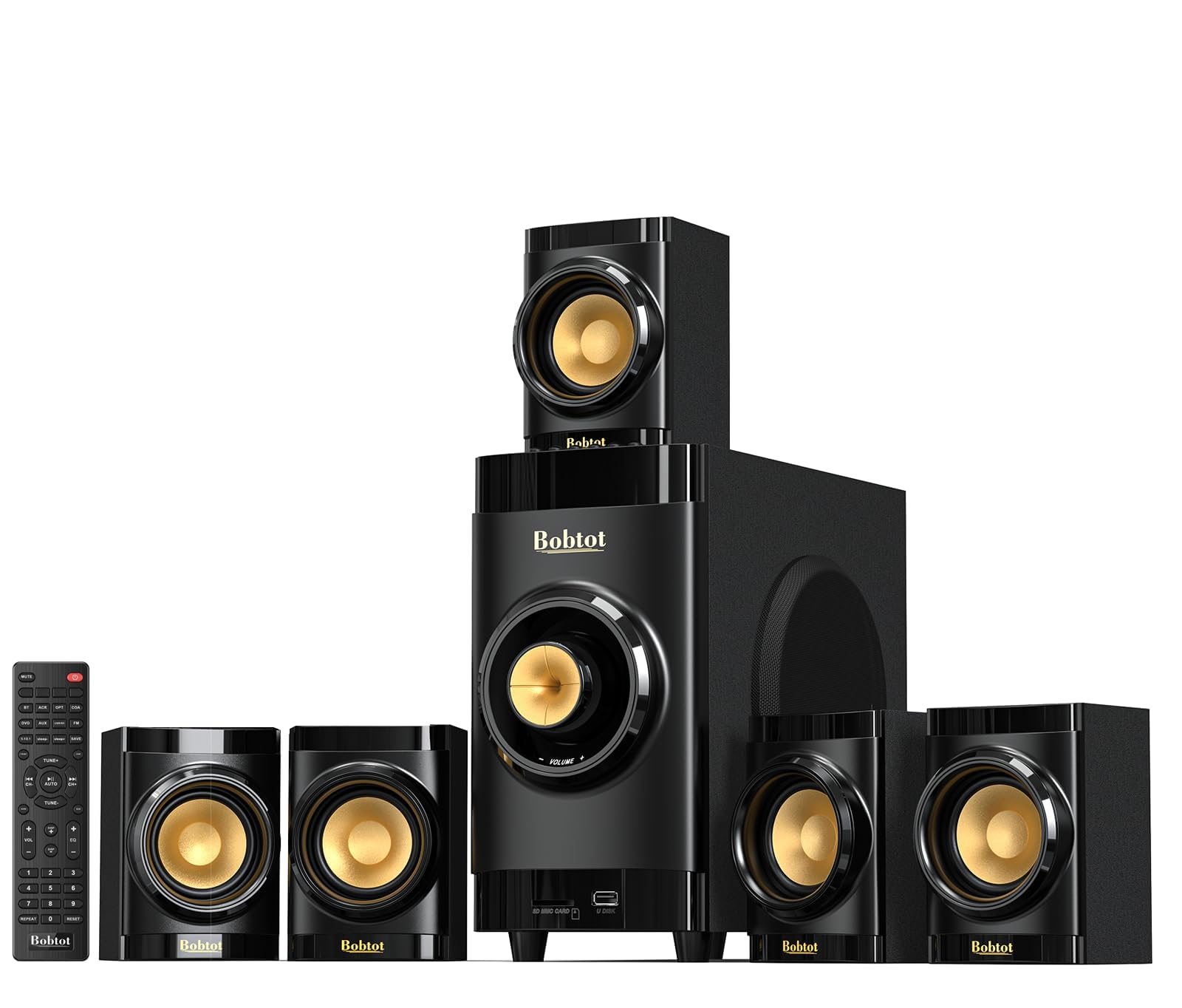 Pequeno subwoofer Home Theater para sistema surround de TV, 5 alto-falantes com fio, amplificador de 10 cm, receptor embutido, suporte HDMI ARC, entrada Bluetooth óptica para projetor