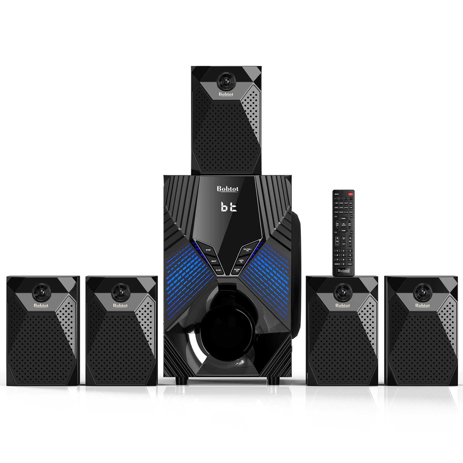 Sistema surround de 1000 W, 5 alto-falantes de áudio via satélite com fio, subwoofer de 20 cm, canal 5.1/2.1, Home Theater, suporte para graves profundos, entrada de karaokê Bluetooth óptico HDMI ARC