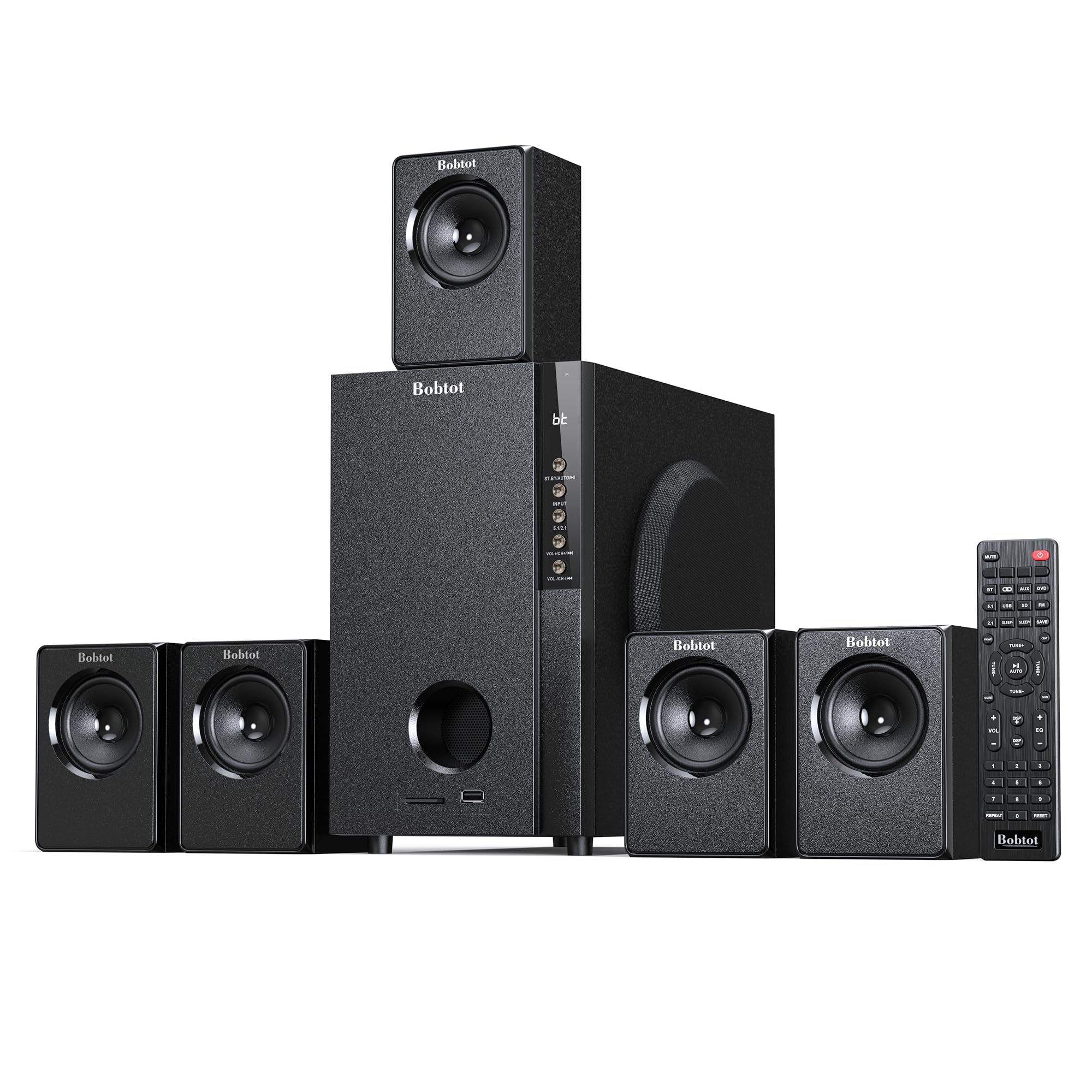 Bobtot Sistemas de home theater com subwoofer de 13,34 cm, alto-falantes de som surround de satélite com fio 5.1, potência máxima de 600 watts, sistema estéreo de graves profundos com rádio FM