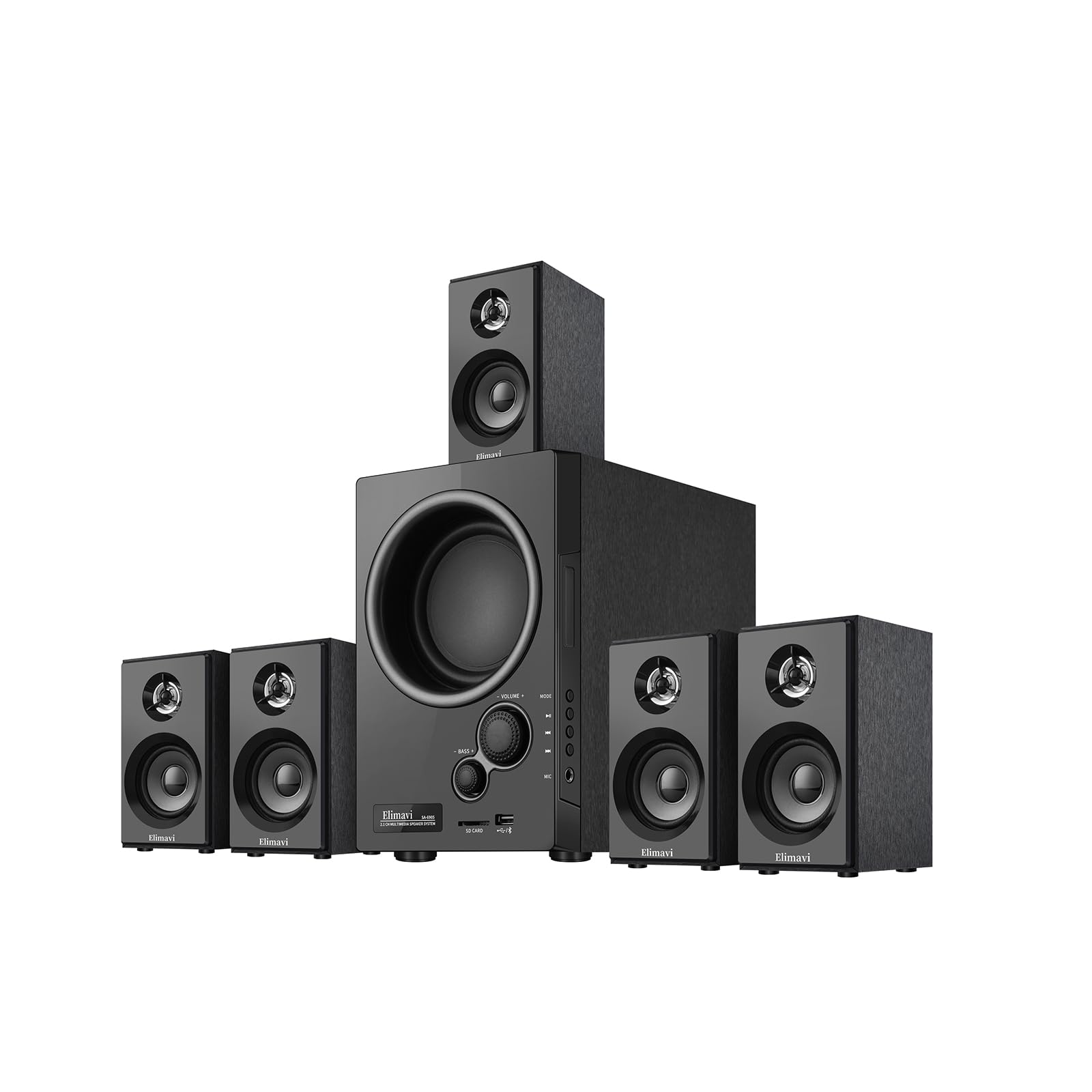 Elimavi Sistema de som surround 5.1 Home Theater com subwoofer de 14 cm | Potência máxima de 200 W, cinco alto-falantes de 6 cm, armários MDF, entradas de áudio USB, RCA, AUX e sem fio